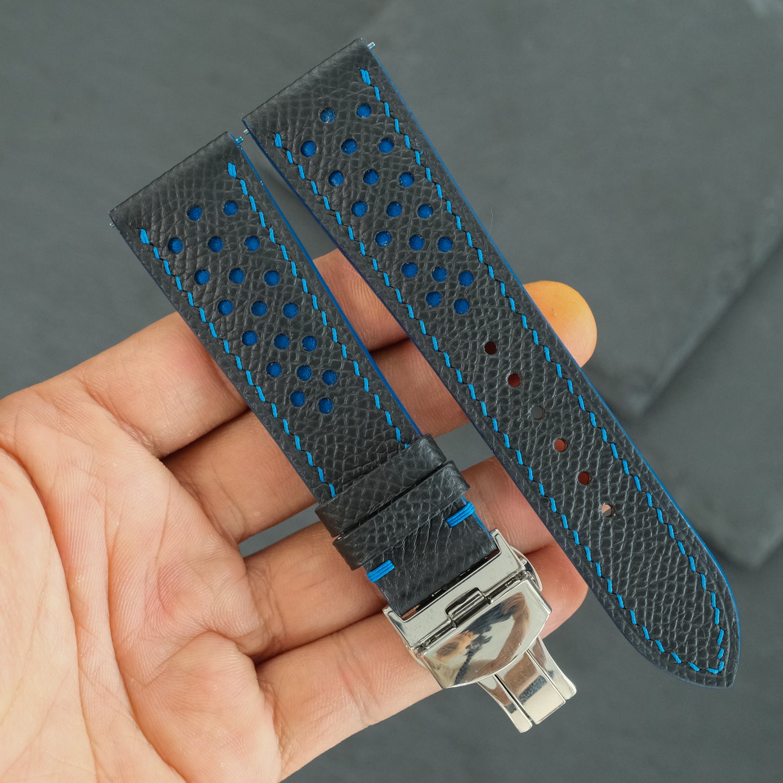 Flat Black Epsom Leather Rally Watch Strap - Blue Racing Holes & Stitch