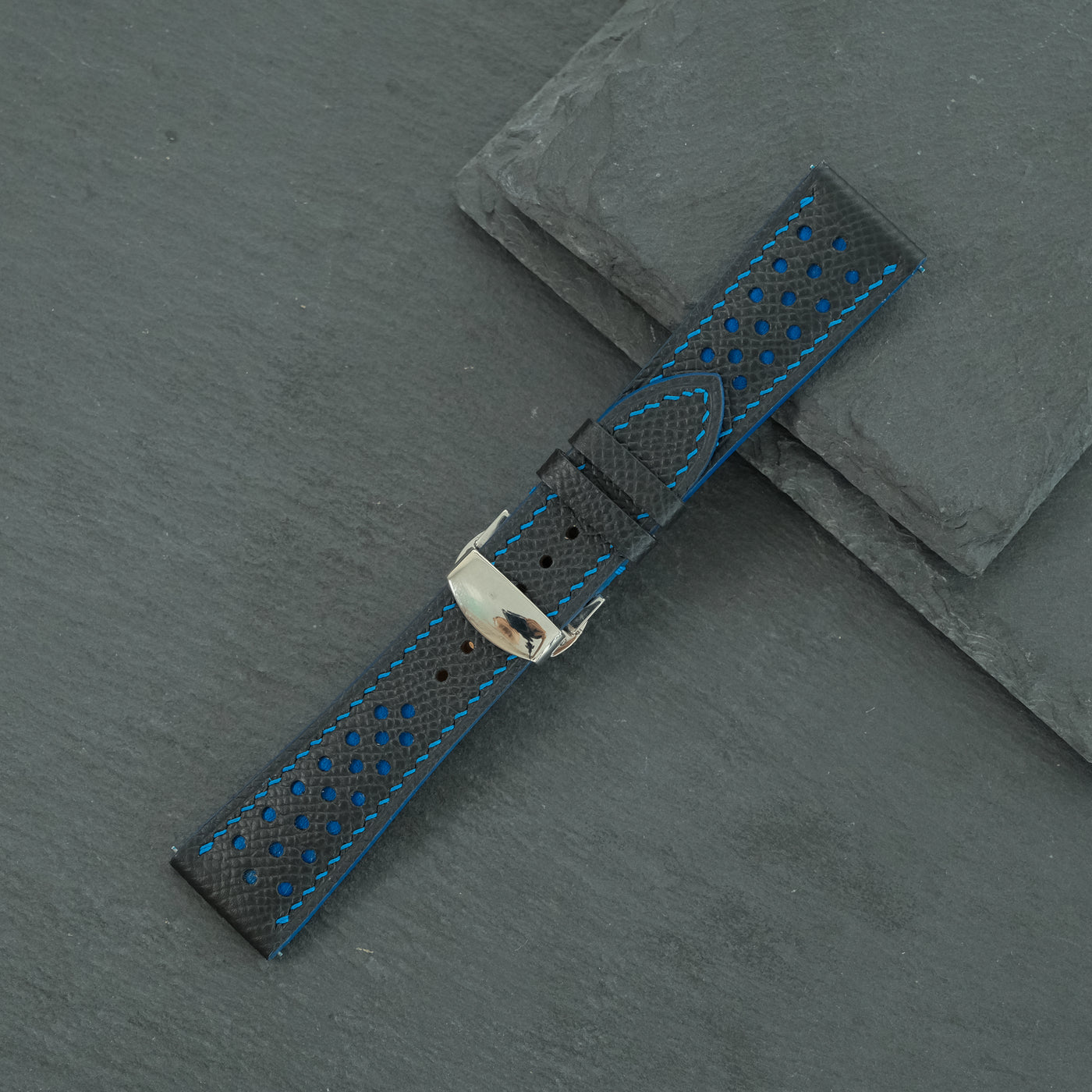 Flat Black Epsom Leather Rally Watch Strap - Blue Racing Holes & Stitch