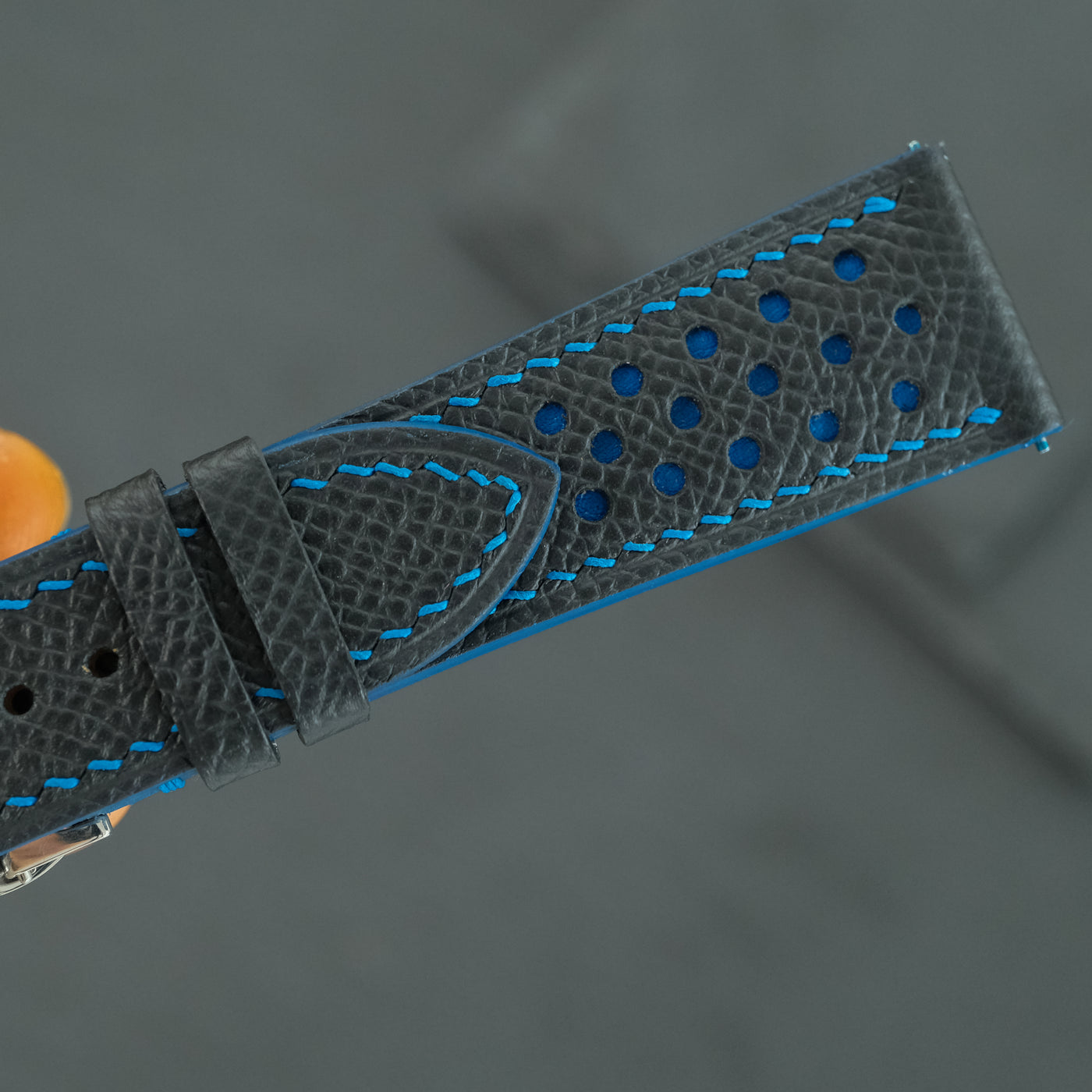 Flat Black Epsom Leather Rally Watch Strap - Blue Racing Holes & Stitch
