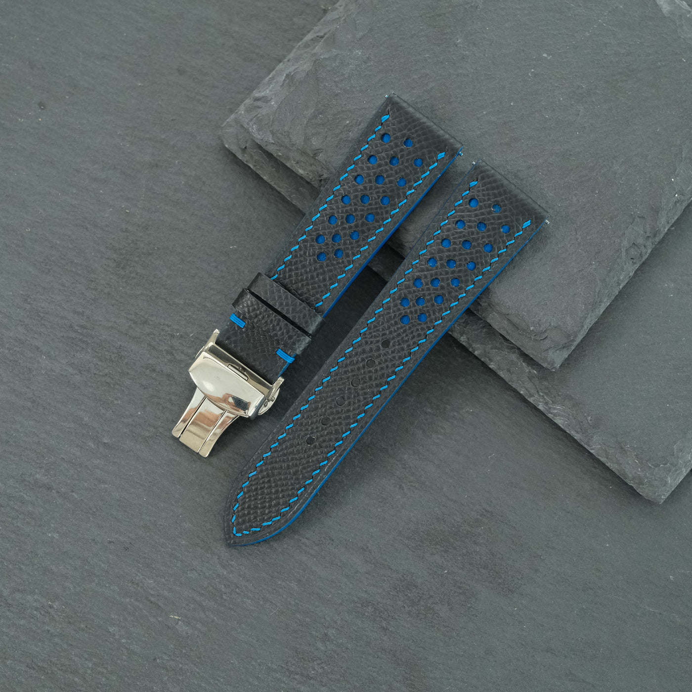 Flat Black Epsom Leather Rally Watch Strap - Blue Racing Holes & Stitch