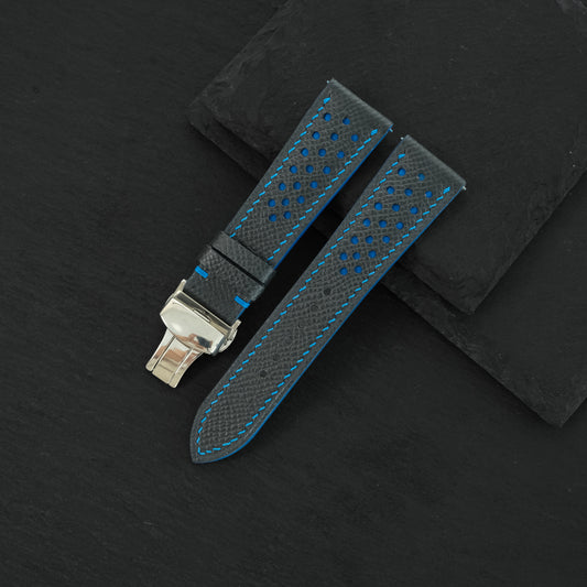 Flat Black Epsom Leather Rally Watch Strap - Blue Racing Holes & Stitch — ảnh 2