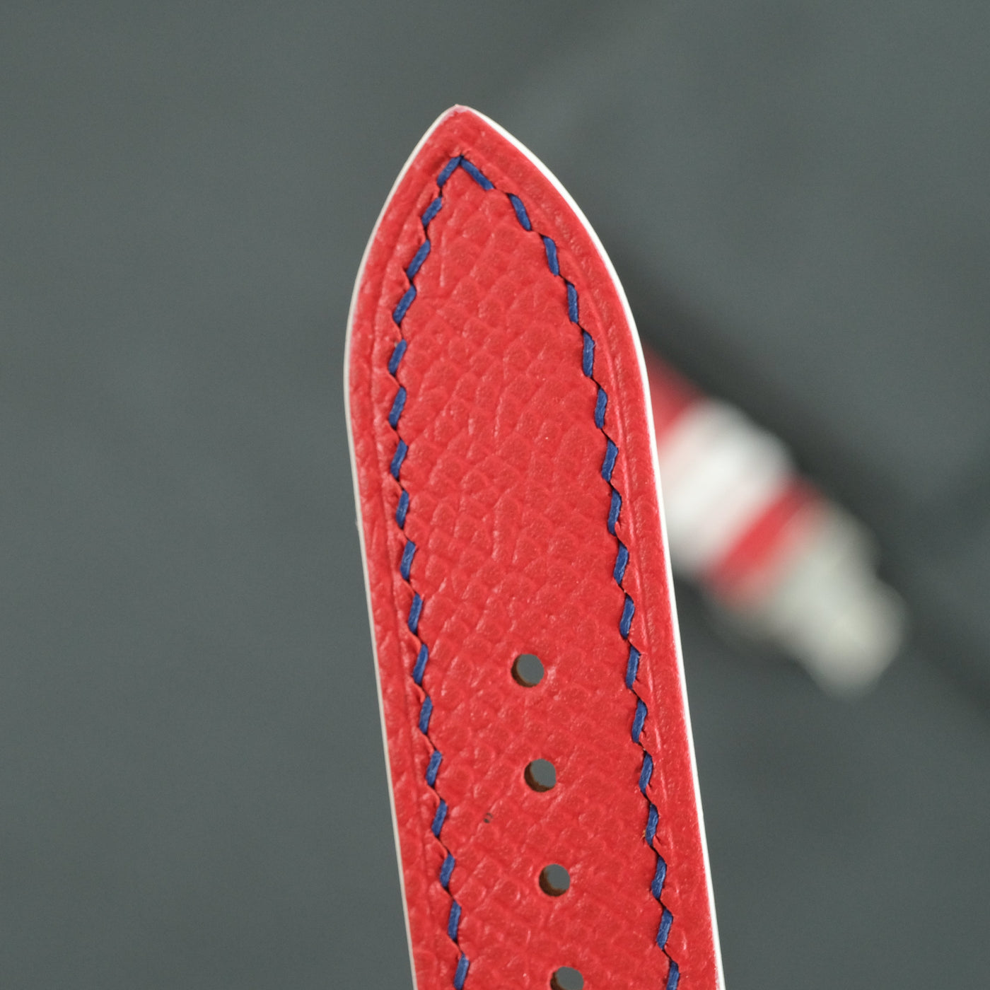 Flat Red Epsom Leather Rally Watch Strap - White Racing Holes, Blue Stitch