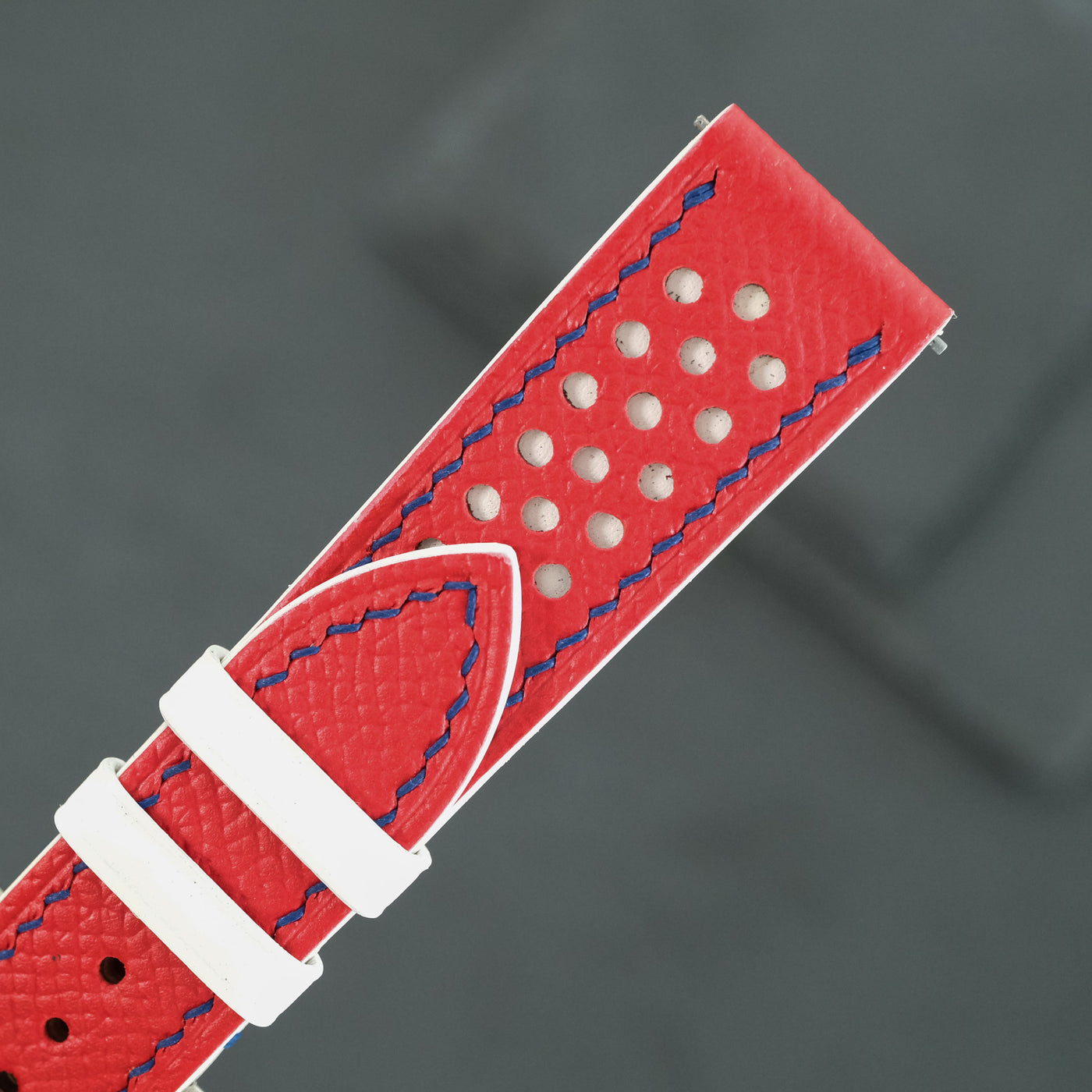 Flat Red Epsom Leather Rally Watch Strap - White Racing Holes, Blue Stitch