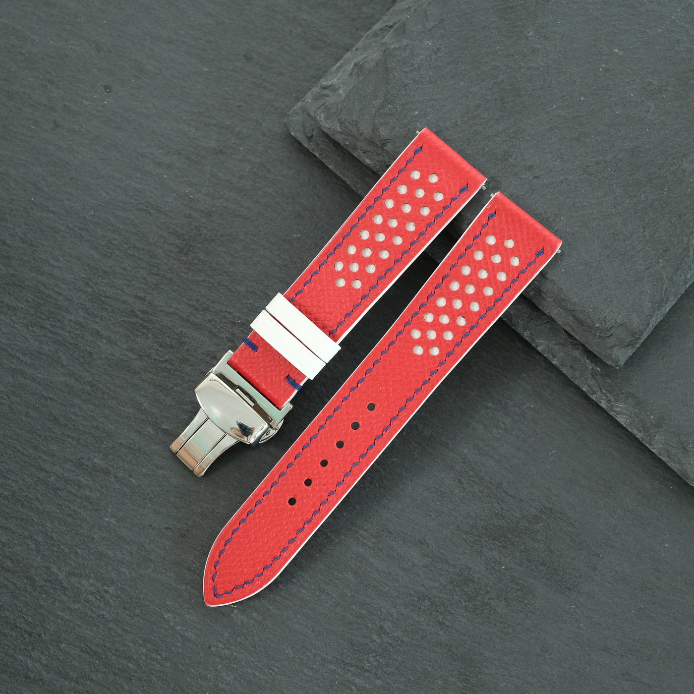 Flat Red Epsom Leather Rally Watch Strap - White Racing Holes, Blue Stitch