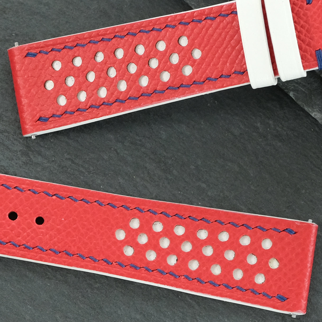 Flat Red Epsom Leather Rally Watch Strap - White Racing Holes, Blue Stitch