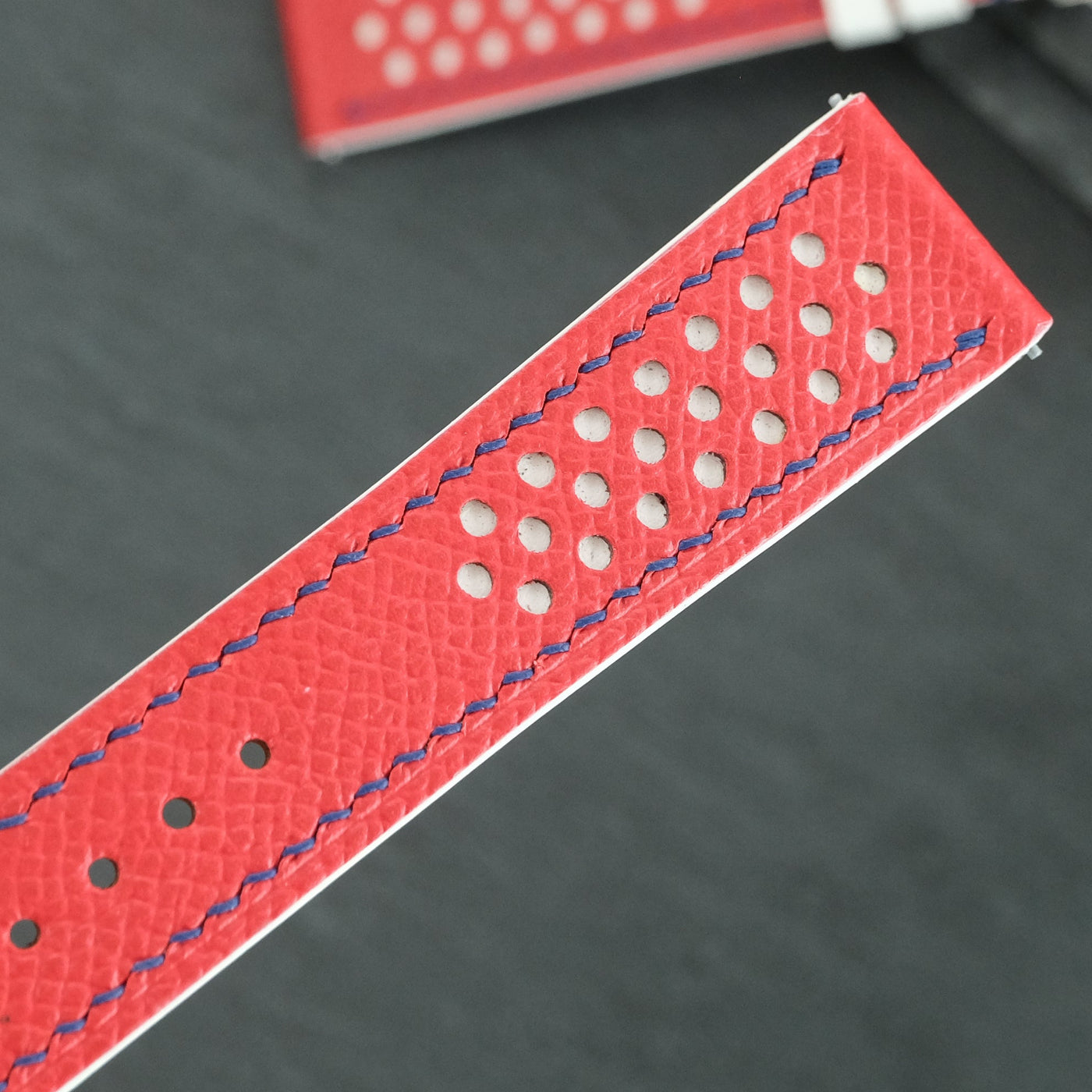 Flat Red Epsom Leather Rally Watch Strap - White Racing Holes, Blue Stitch