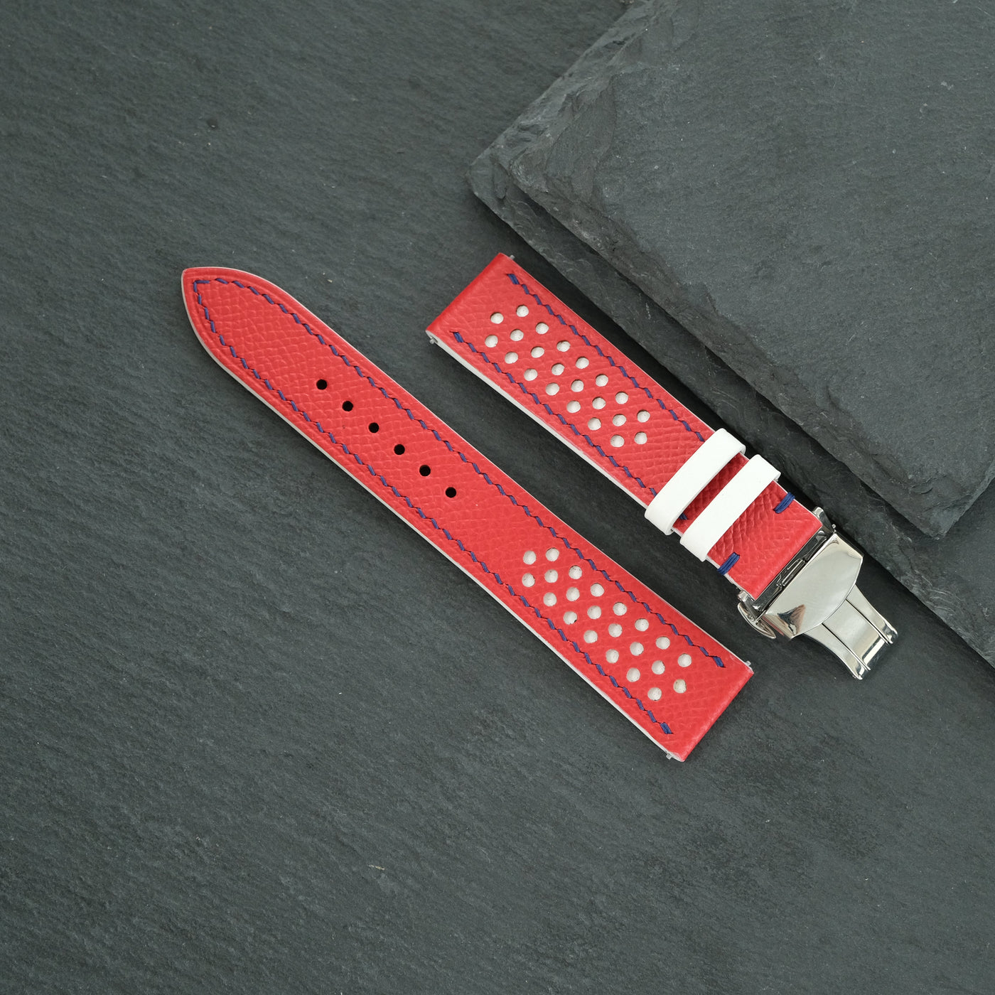 Flat Red Epsom Leather Rally Watch Strap - White Racing Holes, Blue Stitch