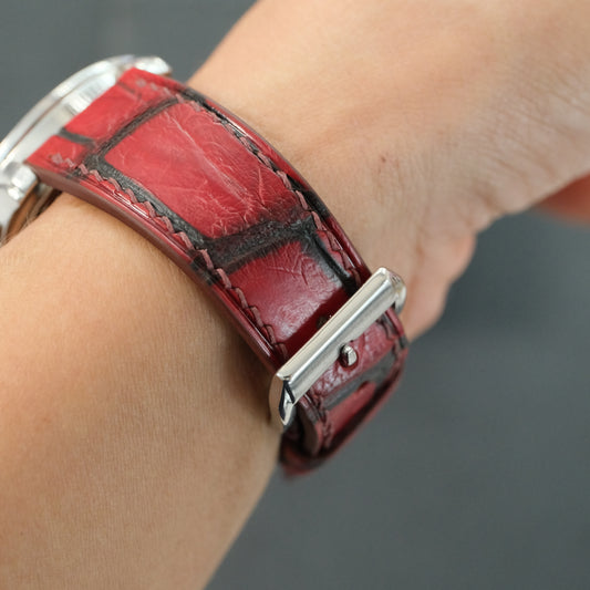Flat Red Black Patina Alligator Leather Watch Strap