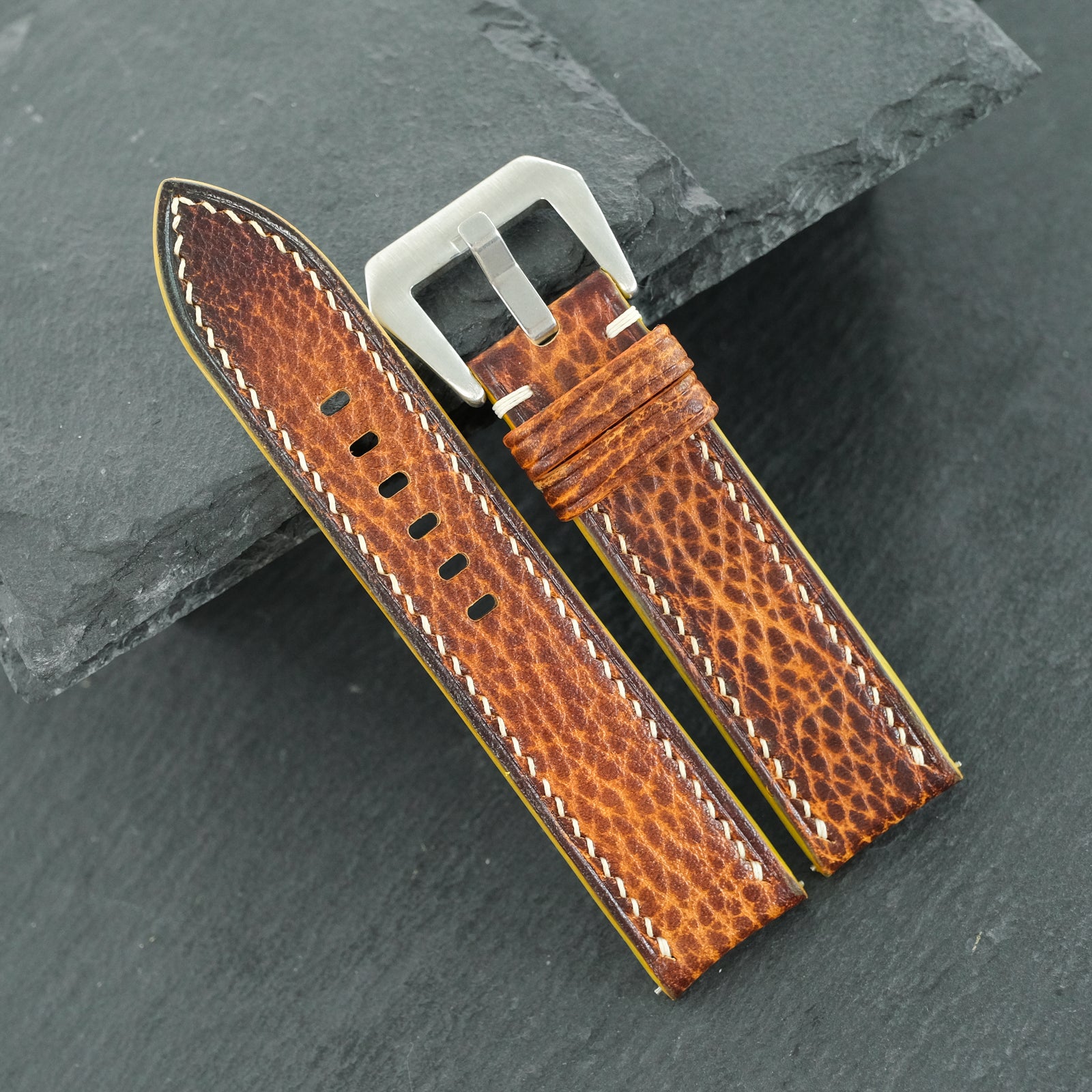 Flat Cognac Hand Patina Italian Bull Leather Watch Strap