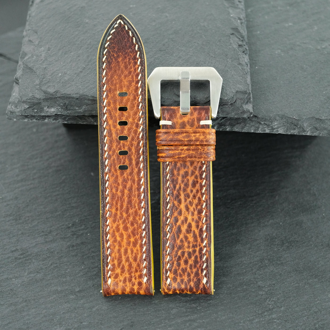 Flat Cognac Hand Patina Italian Bull Leather Watch Strap