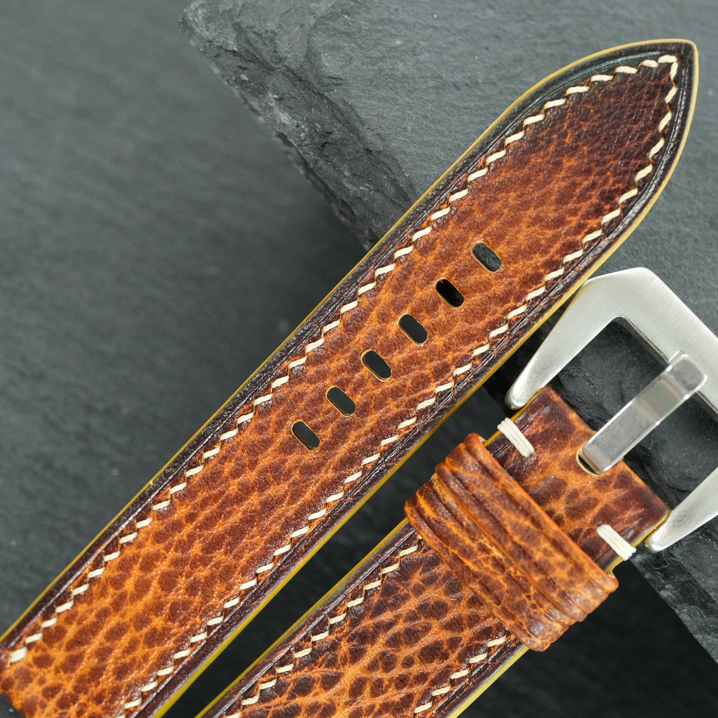 Flat Cognac Hand Patina Italian Bull Leather Watch Strap
