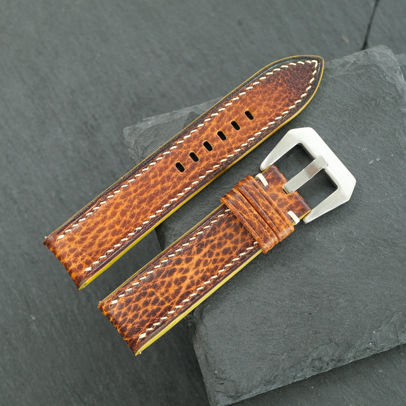 Flat Cognac Hand Patina Italian Bull Leather Watch Strap