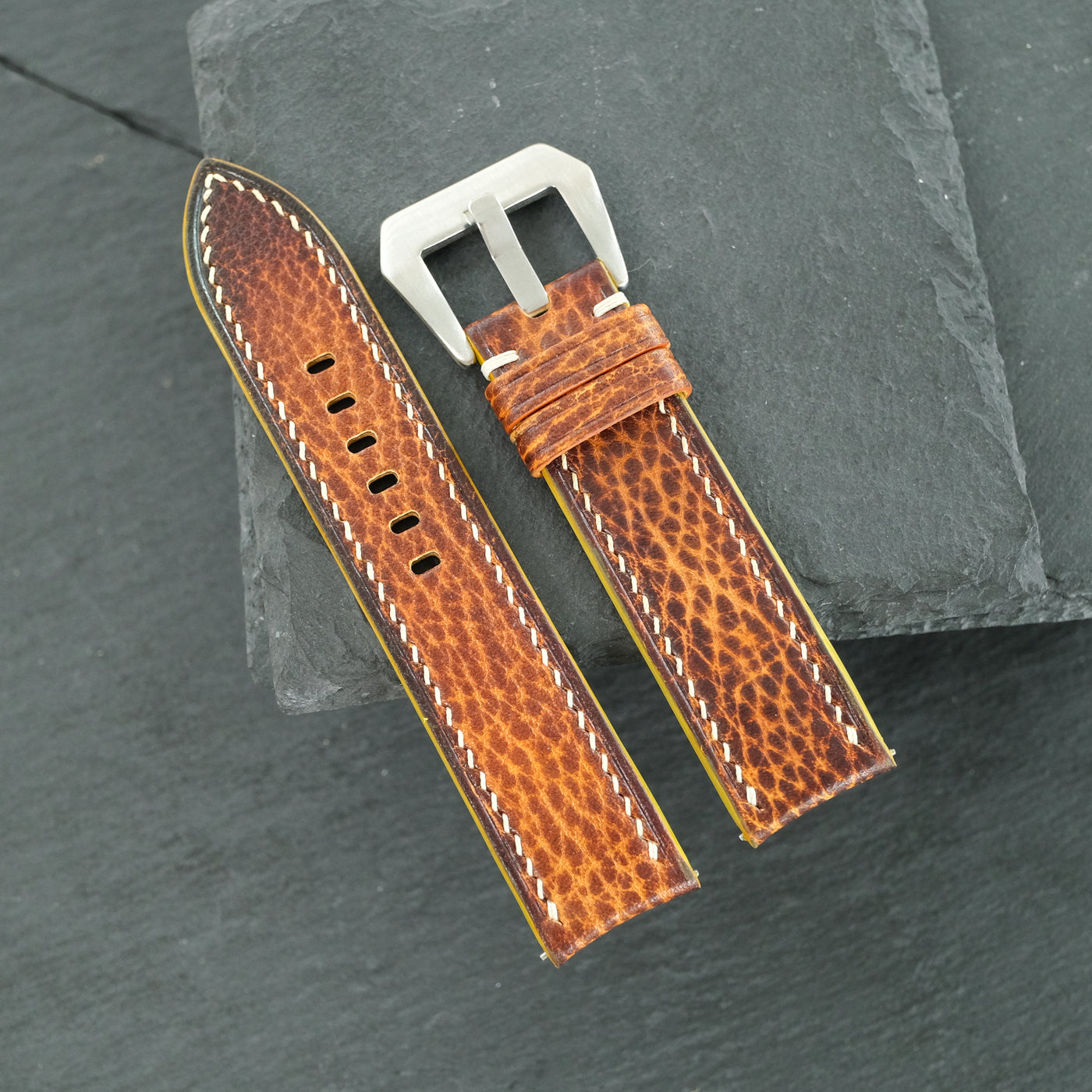 Flat Cognac Hand Patina Italian Bull Leather Watch Strap