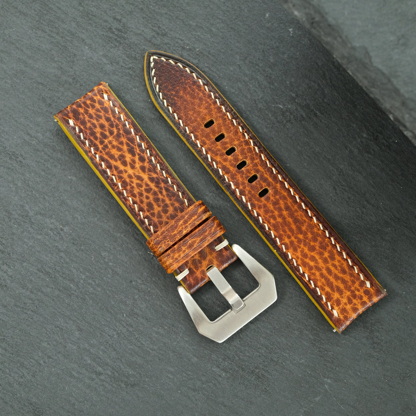 Flat Cognac Hand Patina Italian Bull Leather Watch Strap