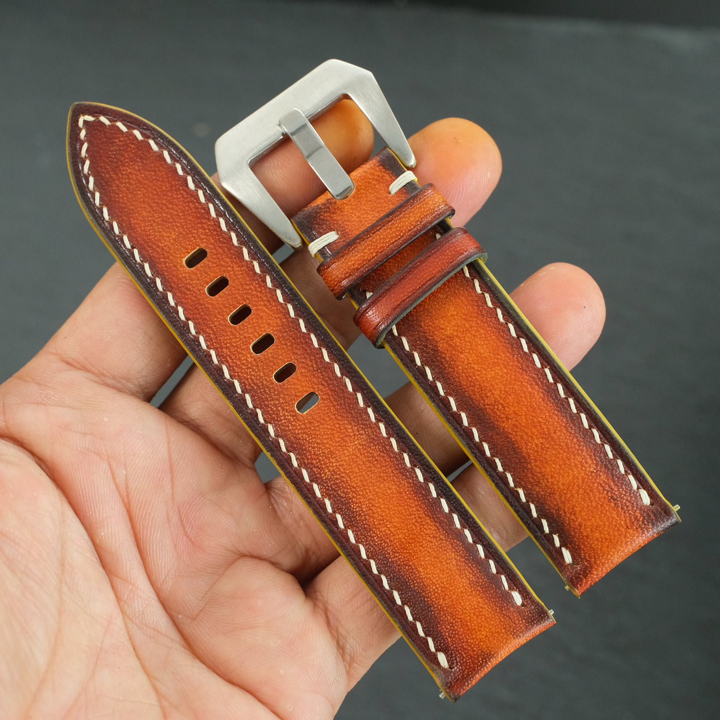 Padded Cognac Hand-Dyed Patina Leather Watch Strap
