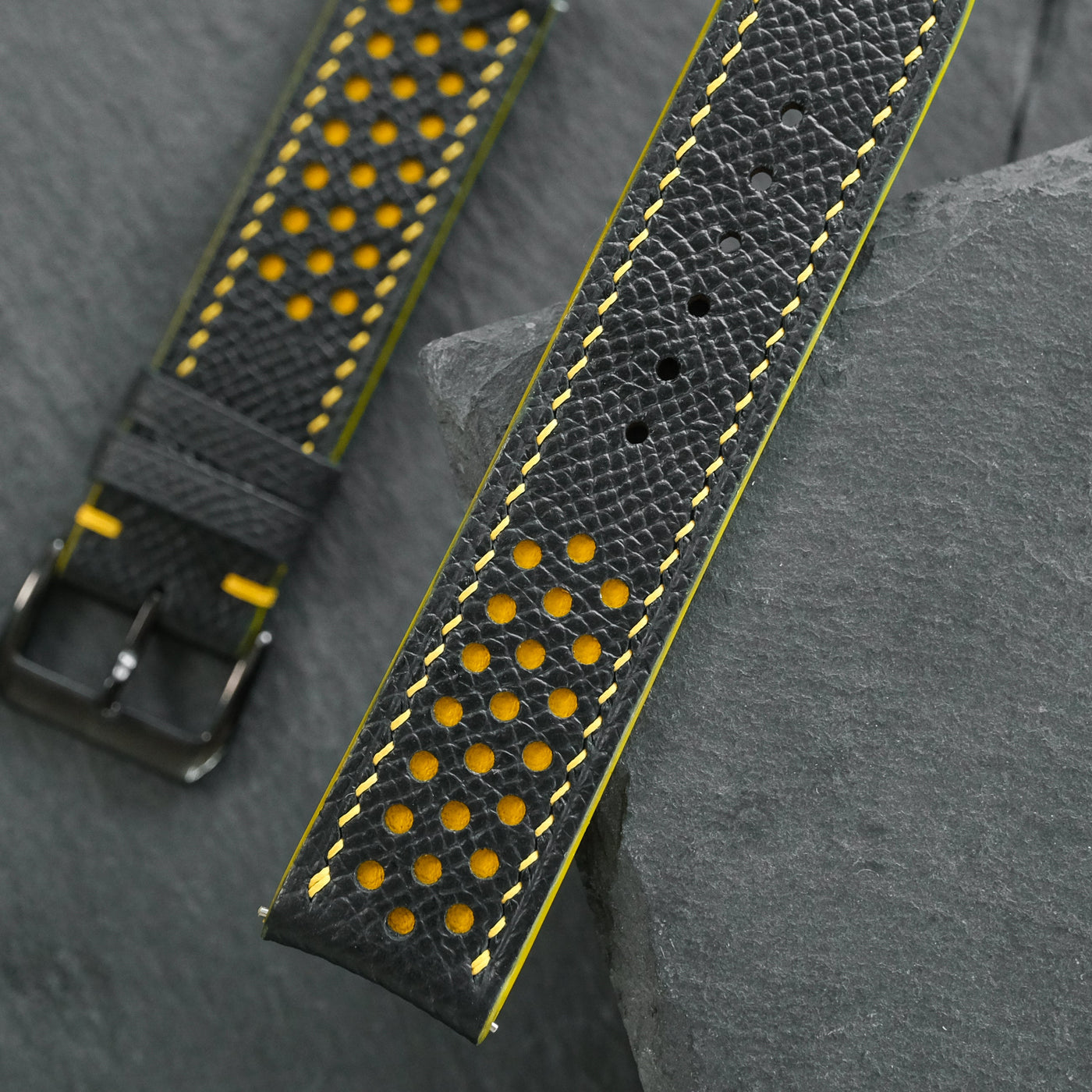 Flat Black Epsom Leather Rally Watch Strap - Yellow Racing Holes & Stitch