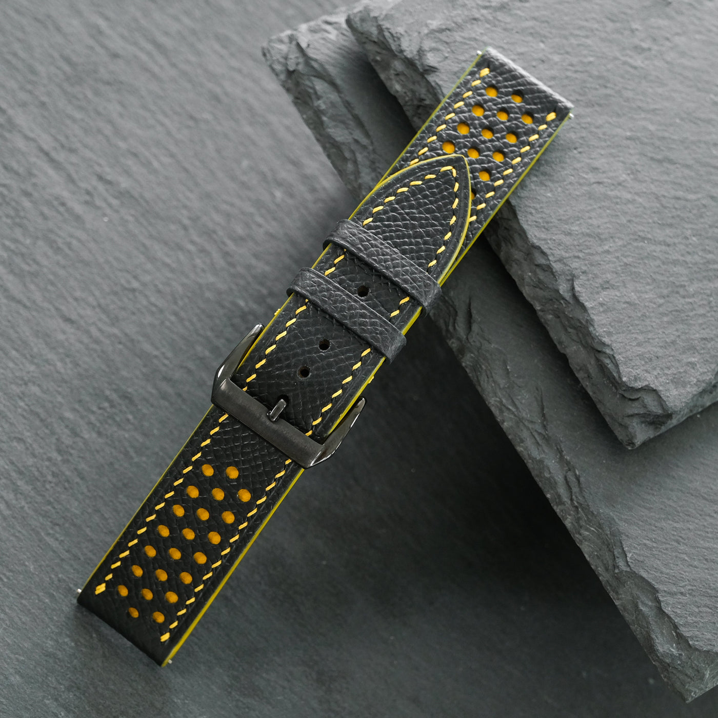 Flat Black Epsom Leather Rally Watch Strap - Yellow Racing Holes & Stitch