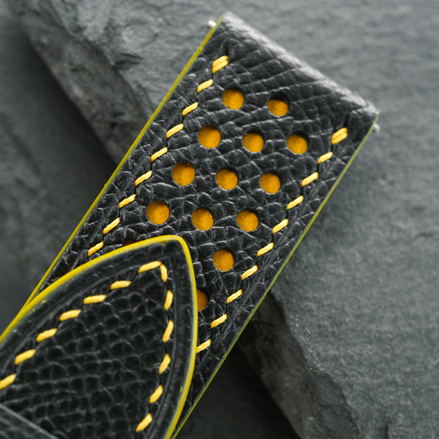 Flat Black Epsom Leather Rally Watch Strap - Yellow Racing Holes & Stitch