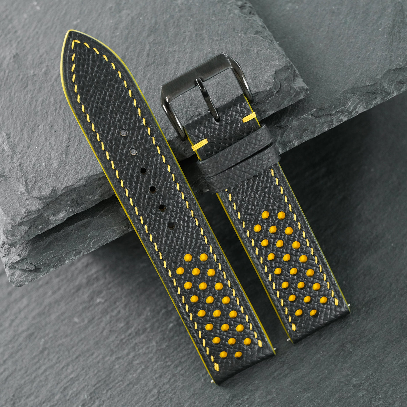 Flat Black Epsom Leather Rally Watch Strap - Yellow Racing Holes & Stitch
