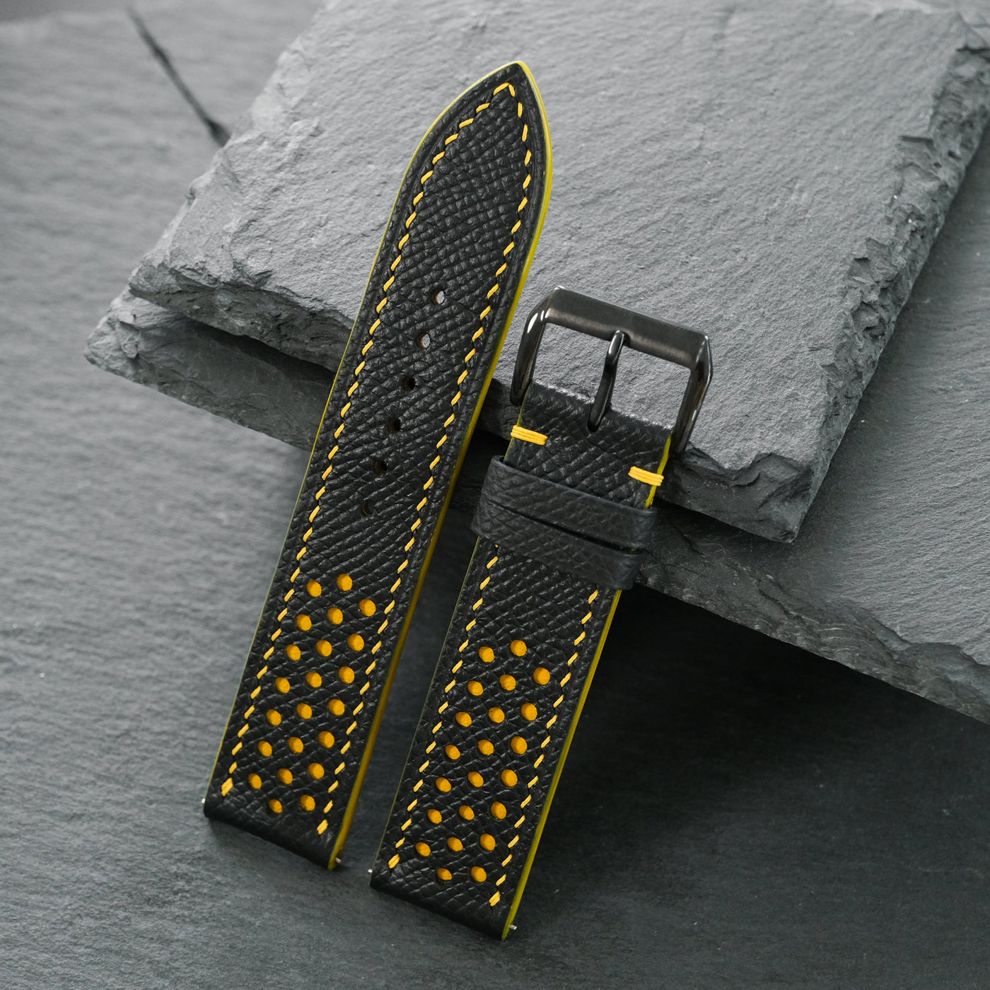 Flat Black Epsom Leather Rally Watch Strap - Yellow Racing Holes & Stitch