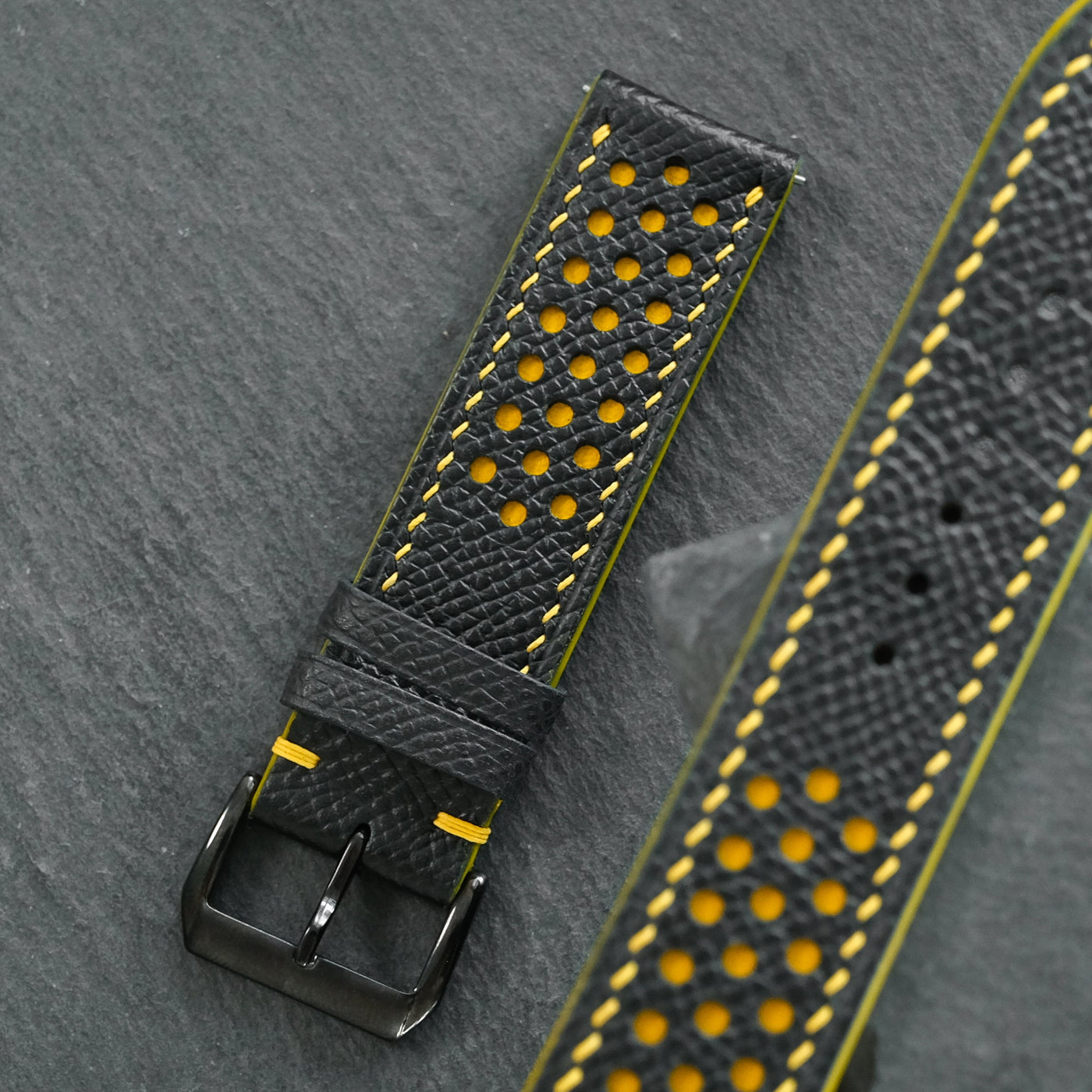 Flat Black Epsom Leather Rally Watch Strap - Yellow Racing Holes & Stitch