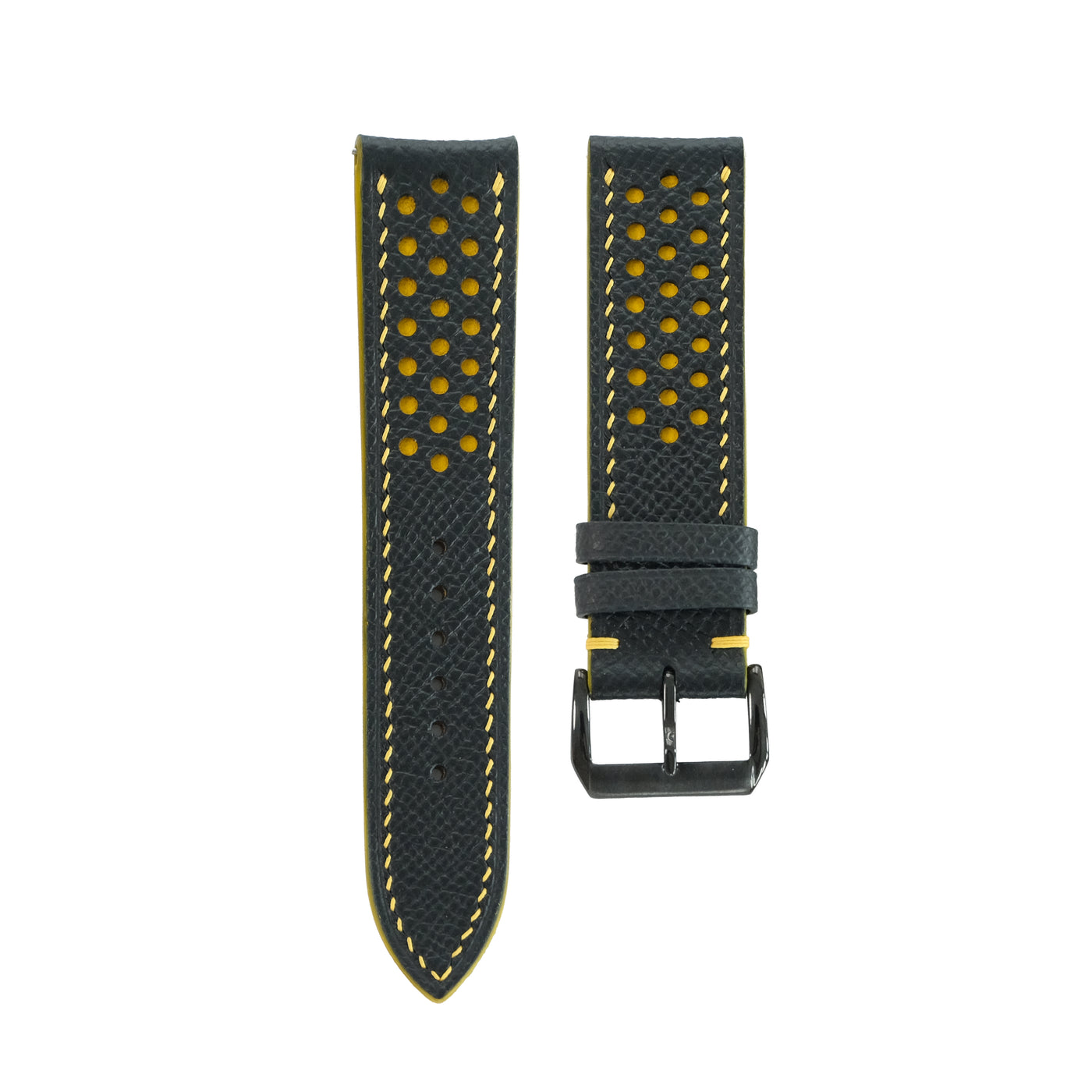 Flat Black Epsom Leather Rally Watch Strap - Yellow Racing Holes & Stitch