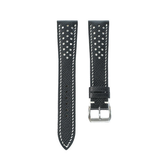 Flat Black Epsom Leather Rally Watch Strap - White Racing Holes & Stitch