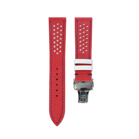 Flat Red Epsom Leather Rally Watch Strap - White Racing Holes, Blue Stitch