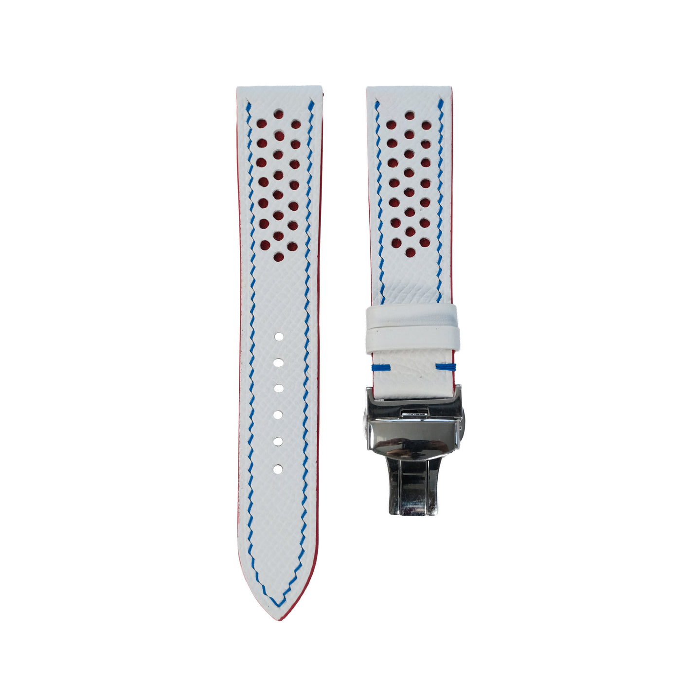 Flat White Epsom Red Rally Racing Holes Leather Watch Strap Blue Stitch