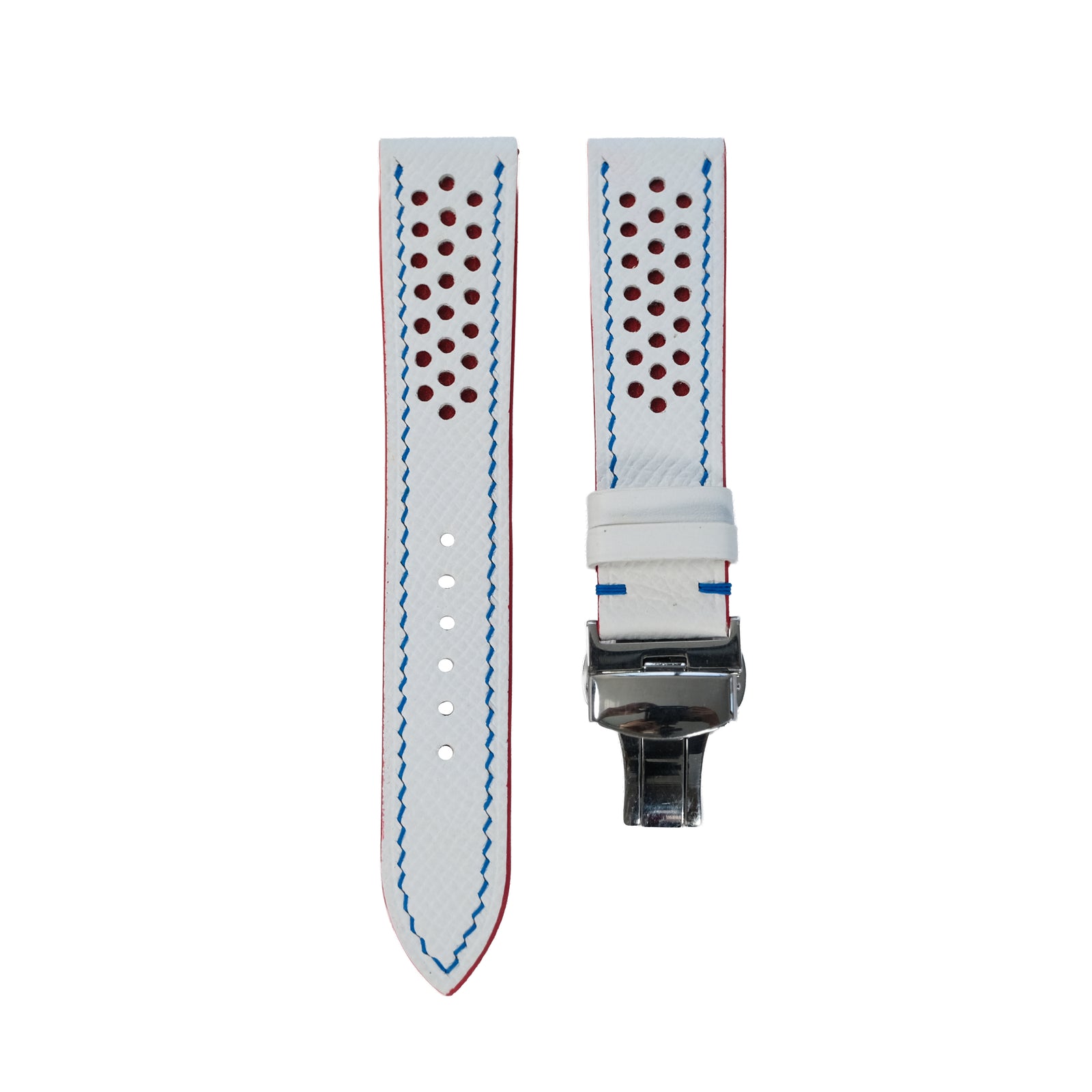 Flat White Epsom Red Rally Racing Holes Leather Watch Strap Blue Stitch