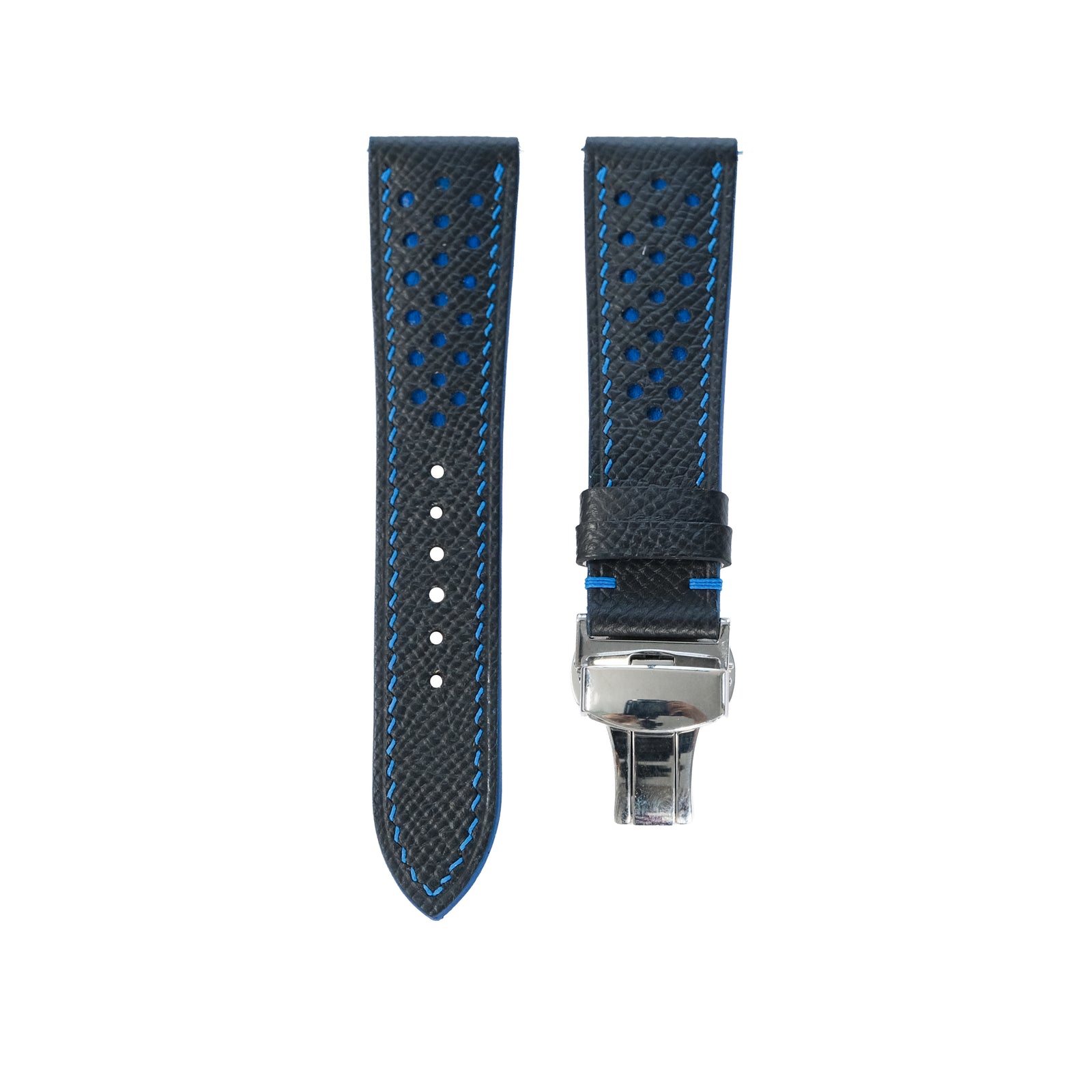 Flat Black Epsom Leather Rally Watch Strap - Blue Racing Holes & Stitch