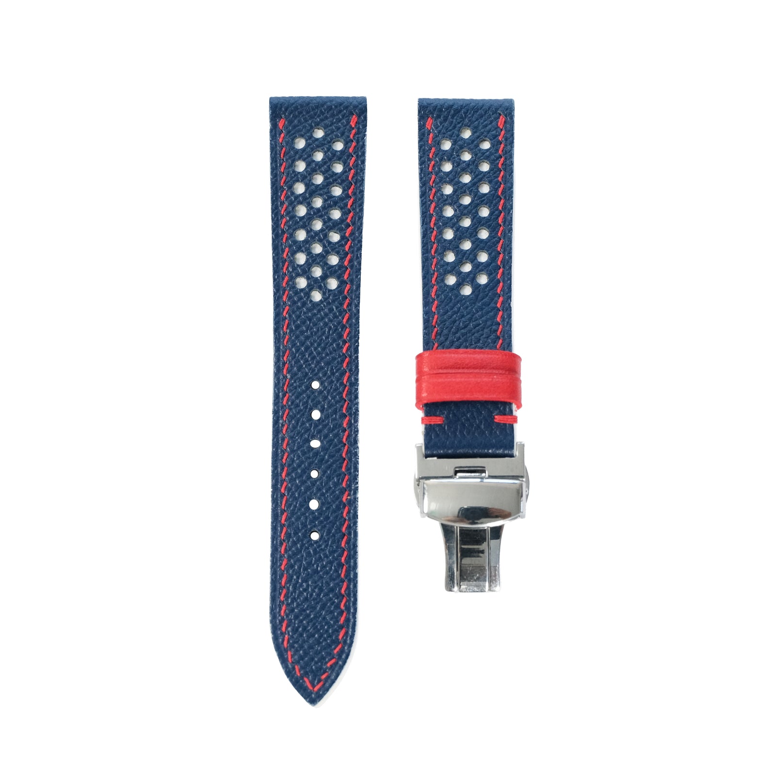 Flat Navy Epsom White Rally Racing Holes Leather Watch Strap Red Stitch, Keeper