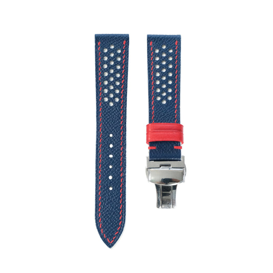 Flat Navy Epsom White Rally Racing Holes Leather Watch Strap Red Stitch, Keeper
