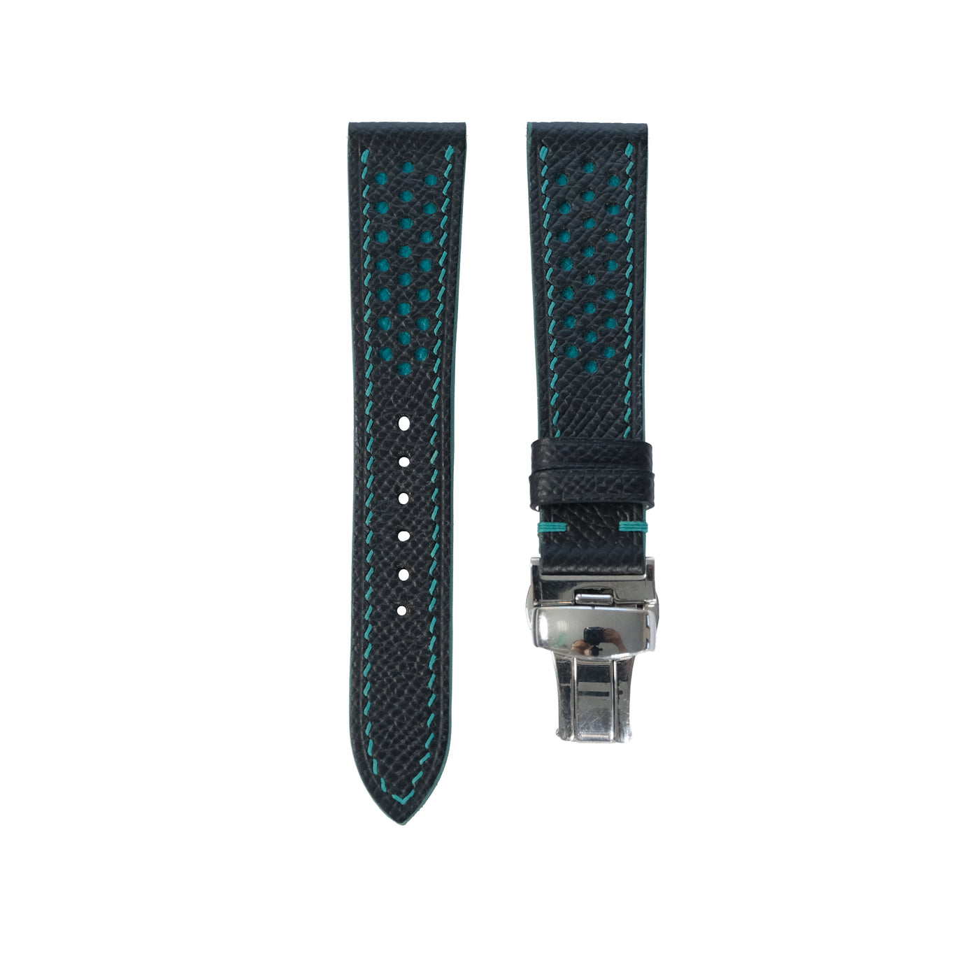 Flat Black Epsom Leather Rally Watch Strap - Turquoise Racing Holes & Stitch