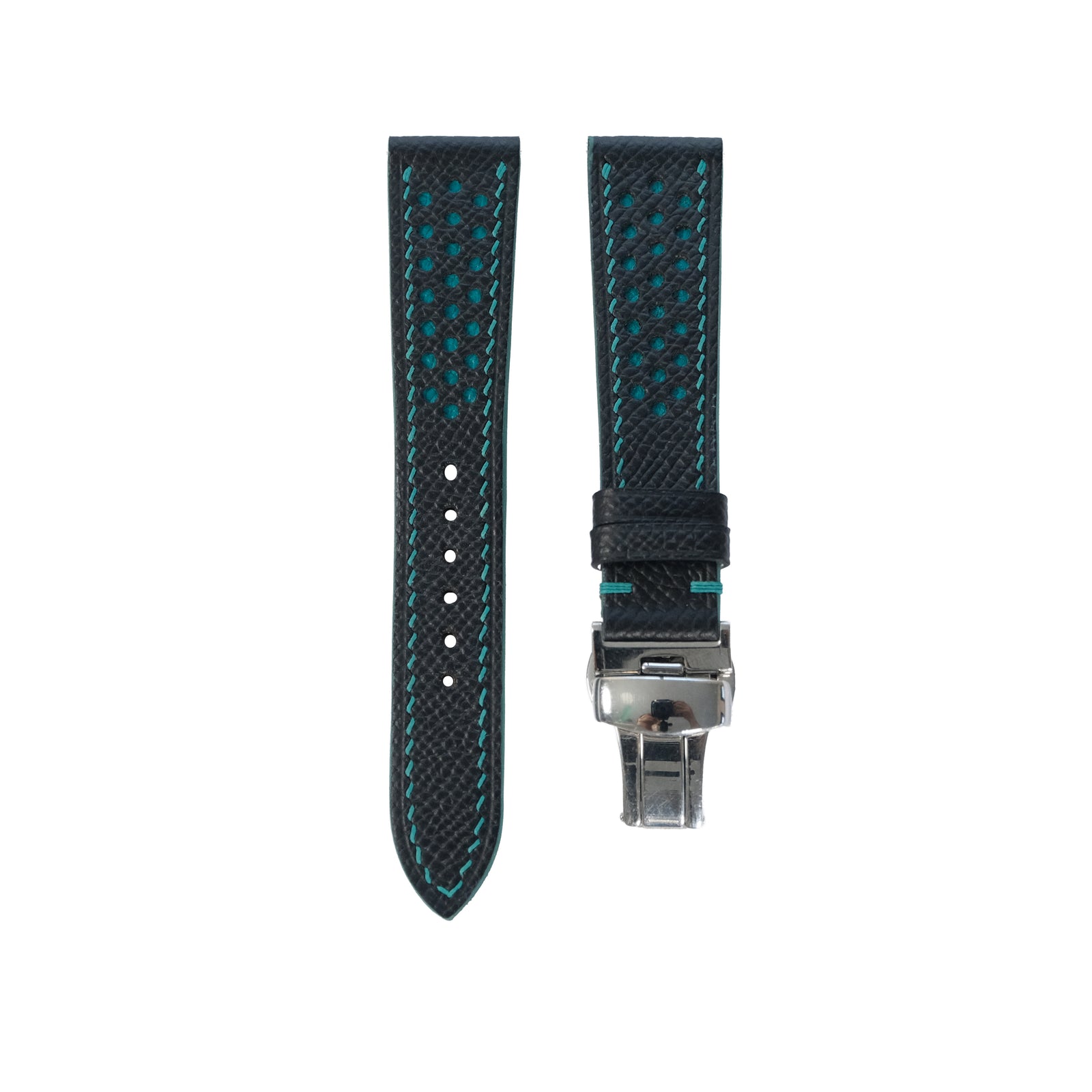 Flat Black Epsom Leather Rally Watch Strap - Turquoise Racing Holes & Stitch