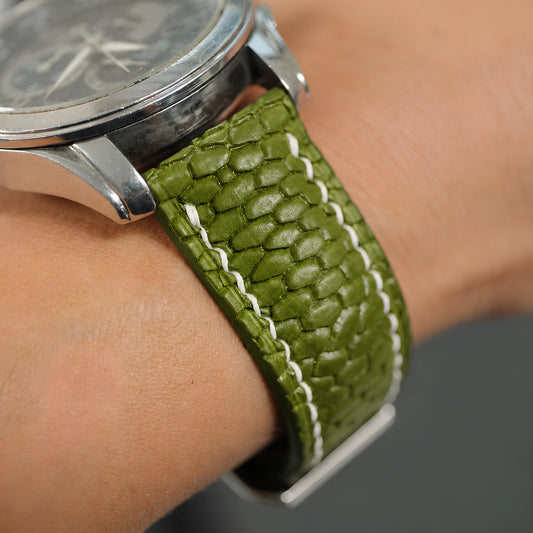 Padded Olive Beaver Tail Leather Watch Strap