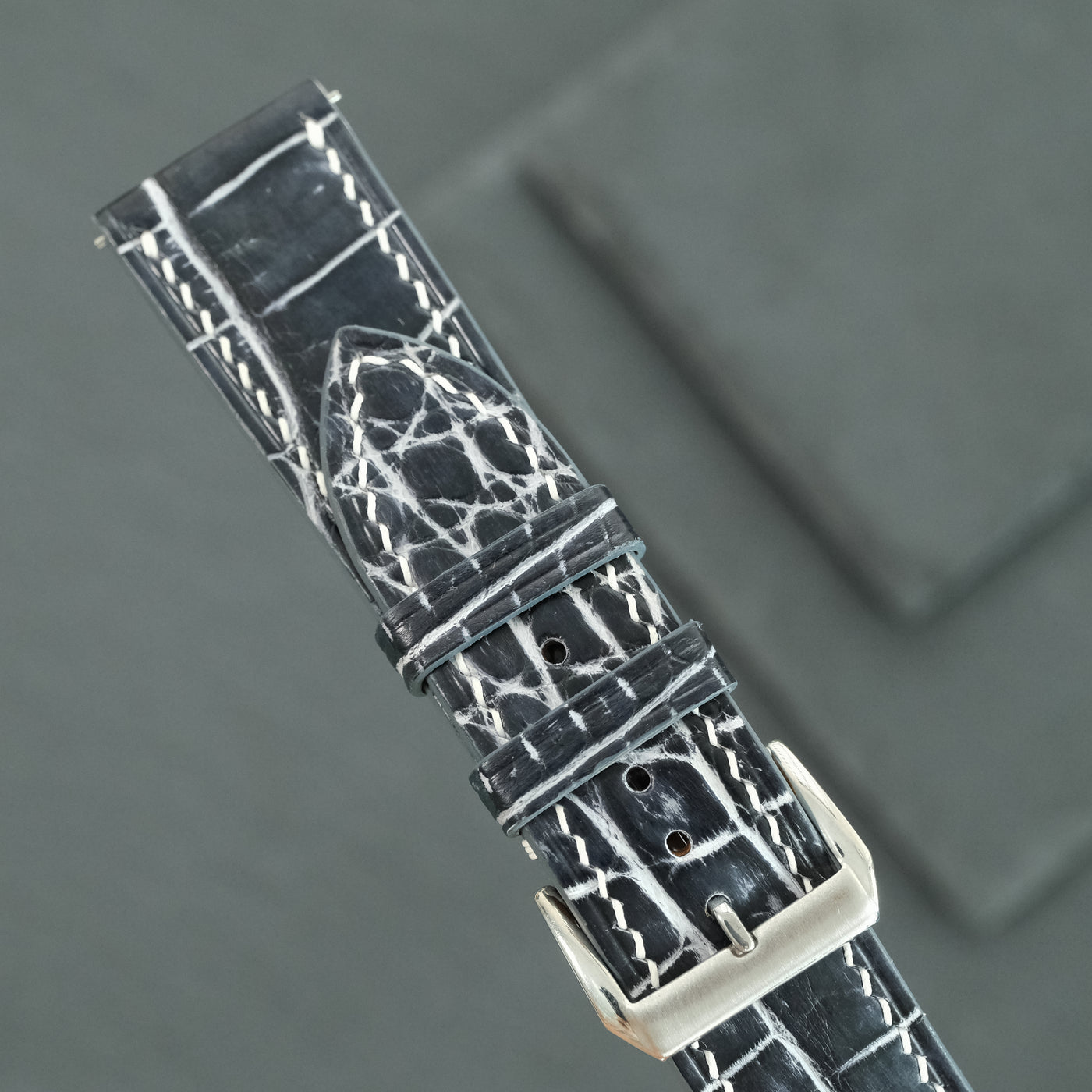 Flat Black Marble Patina Alligator Leather Watch Strap