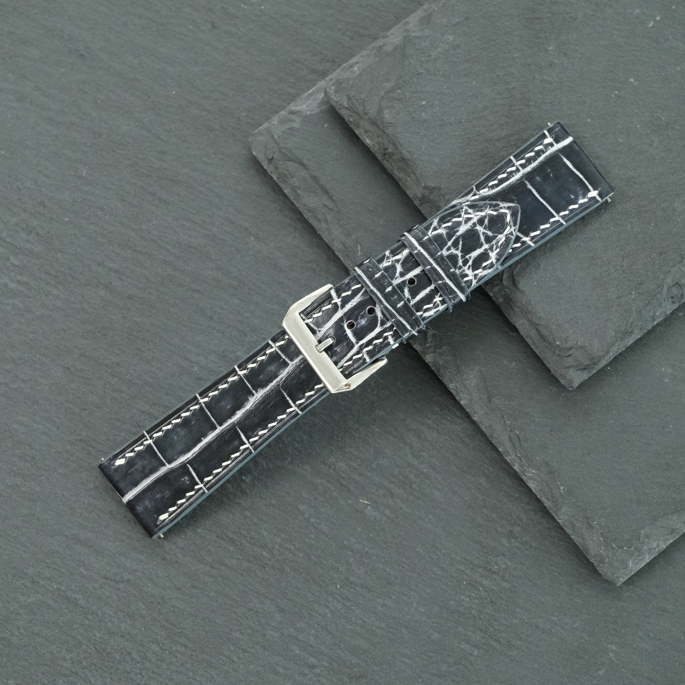 Flat Black Marble Patina Alligator Leather Watch Strap