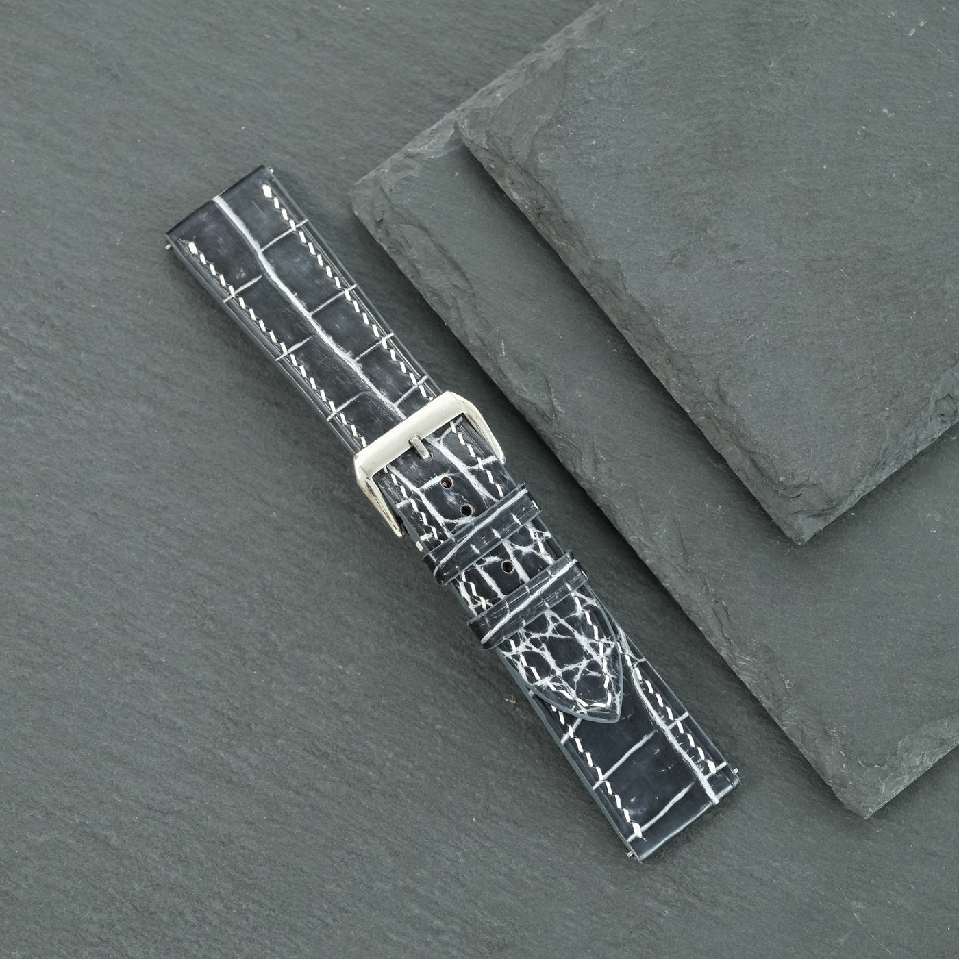Flat Black Marble Patina Alligator Leather Watch Strap