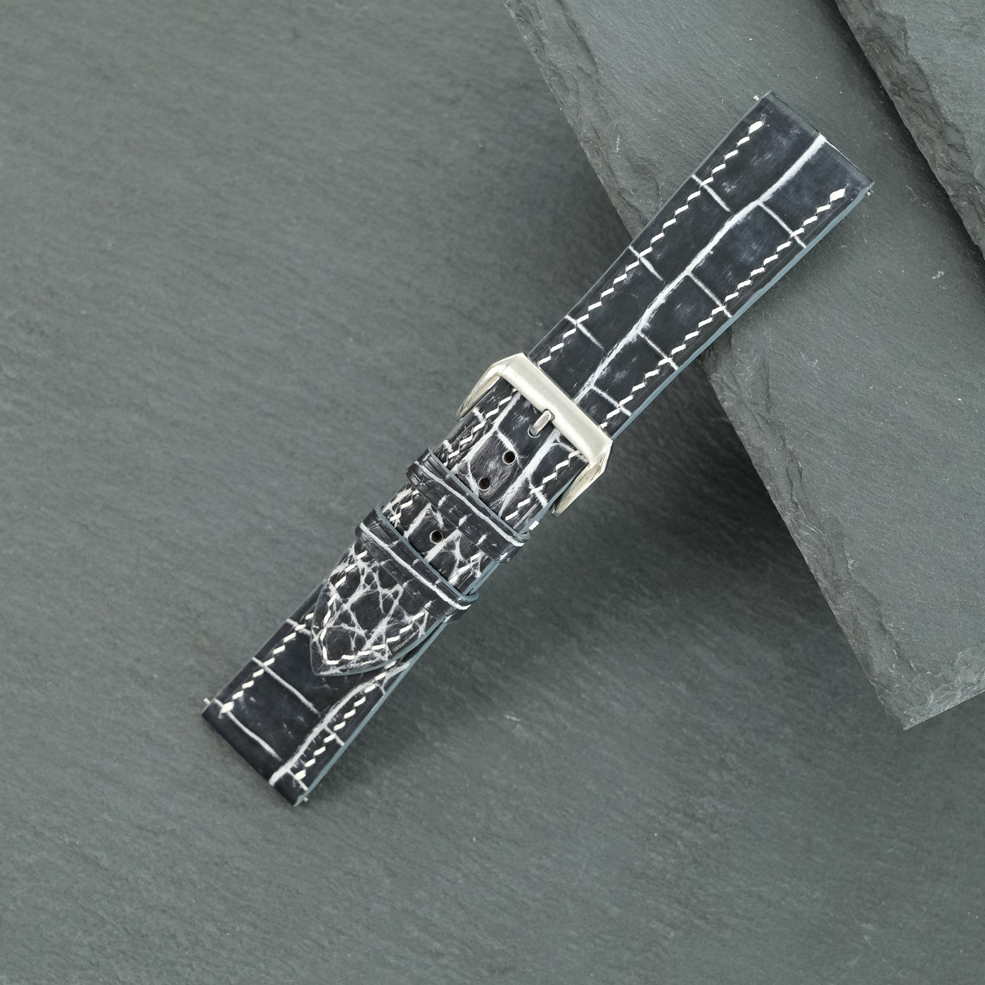 Flat Black Marble Patina Alligator Leather Watch Strap