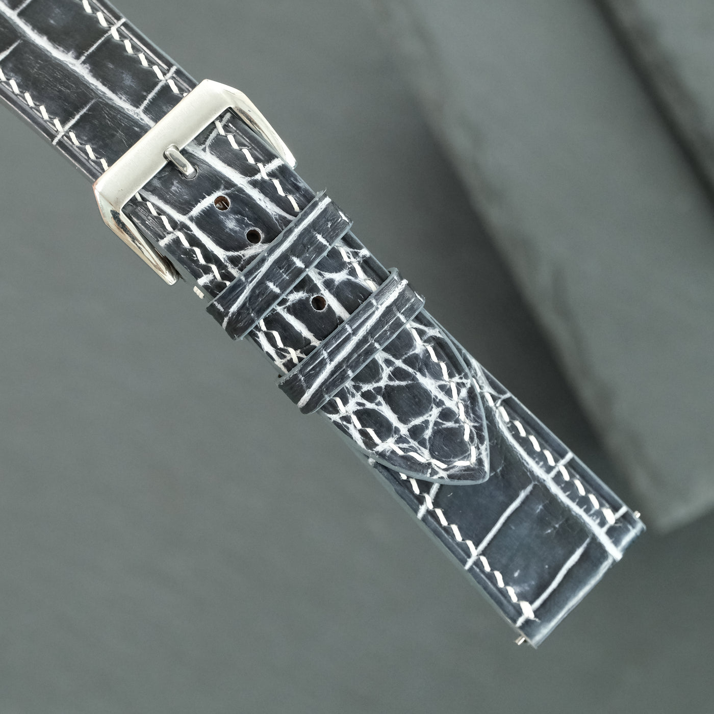 Flat Black Marble Patina Alligator Leather Watch Strap
