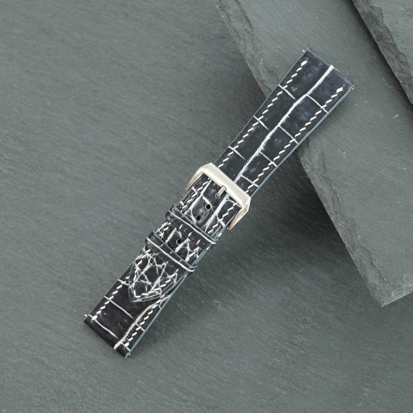 Flat Black Marble Patina Alligator Leather Watch Strap