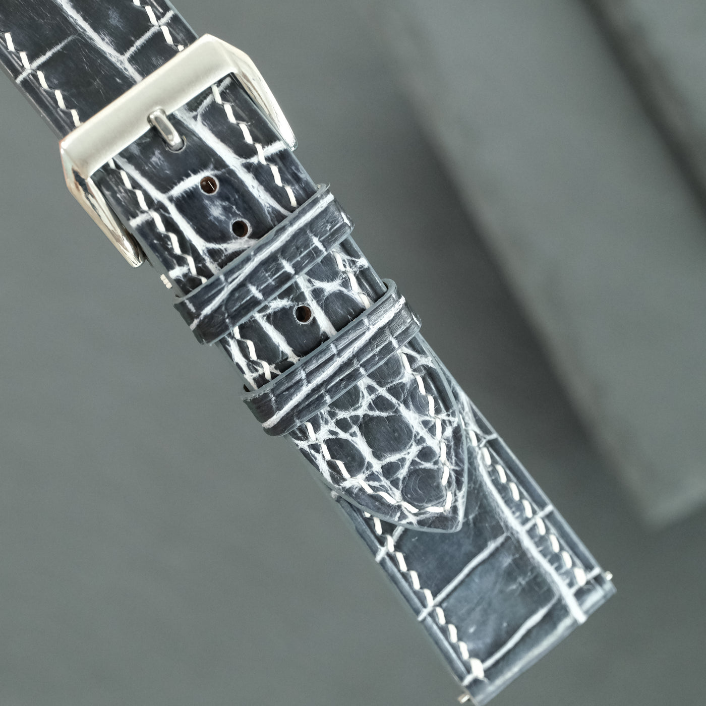 Flat Black Marble Patina Alligator Leather Watch Strap