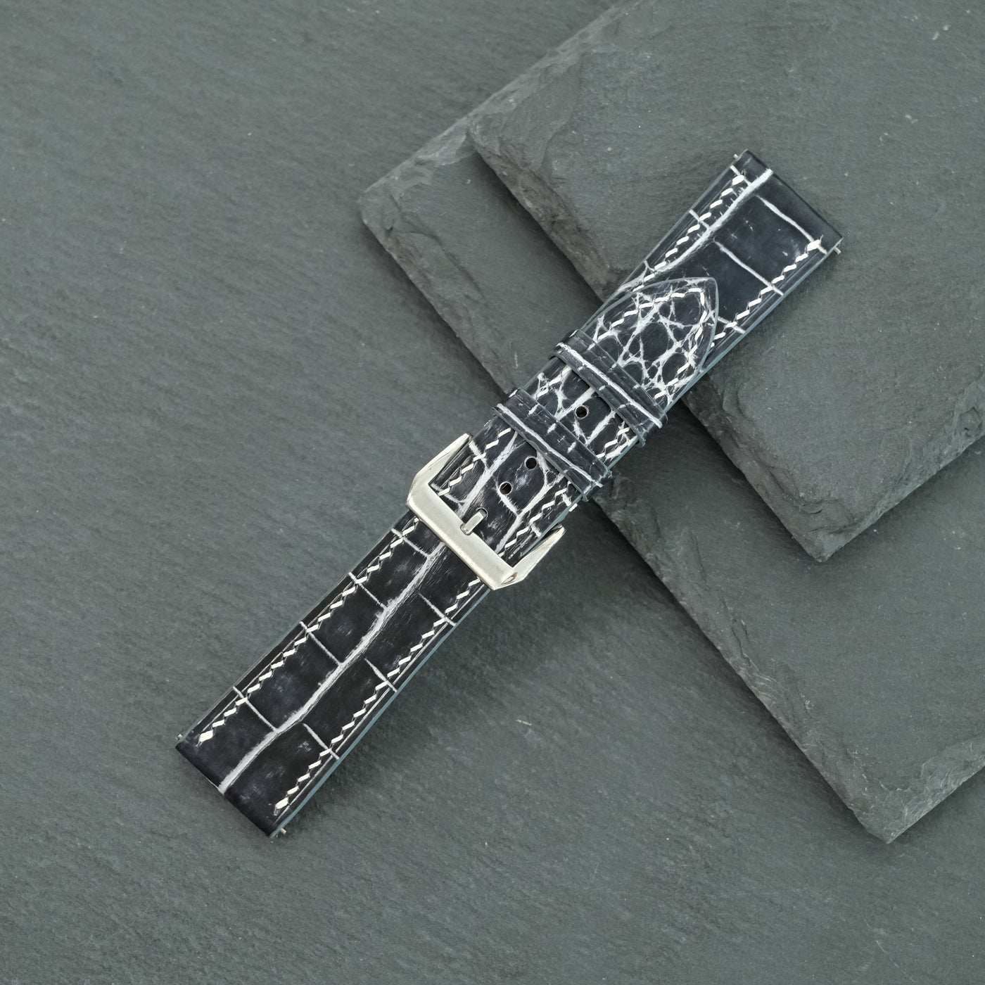 Flat Black Marble Patina Alligator Leather Watch Strap
