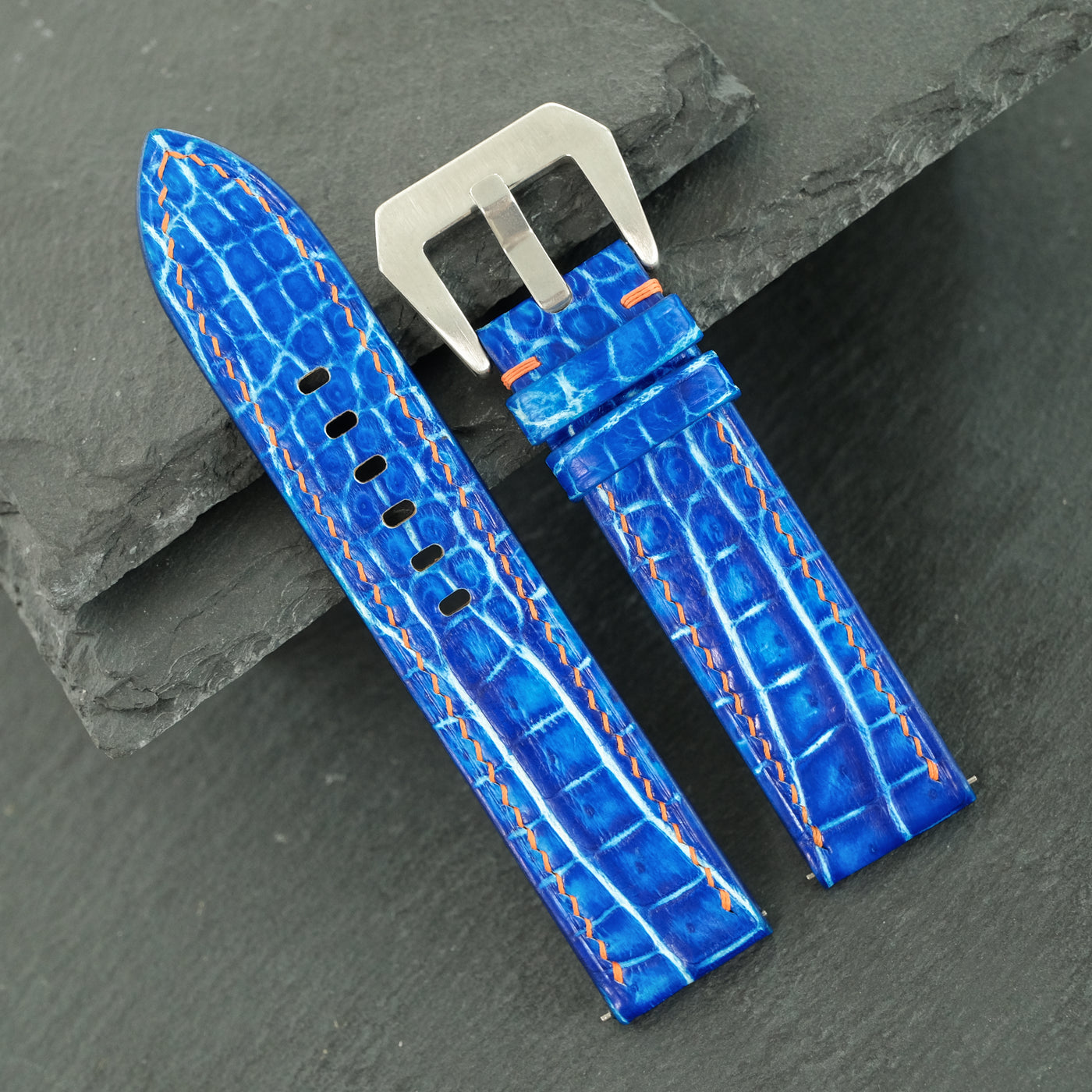 Flat Electric Blue Patina Alligator Leather Watch Strap