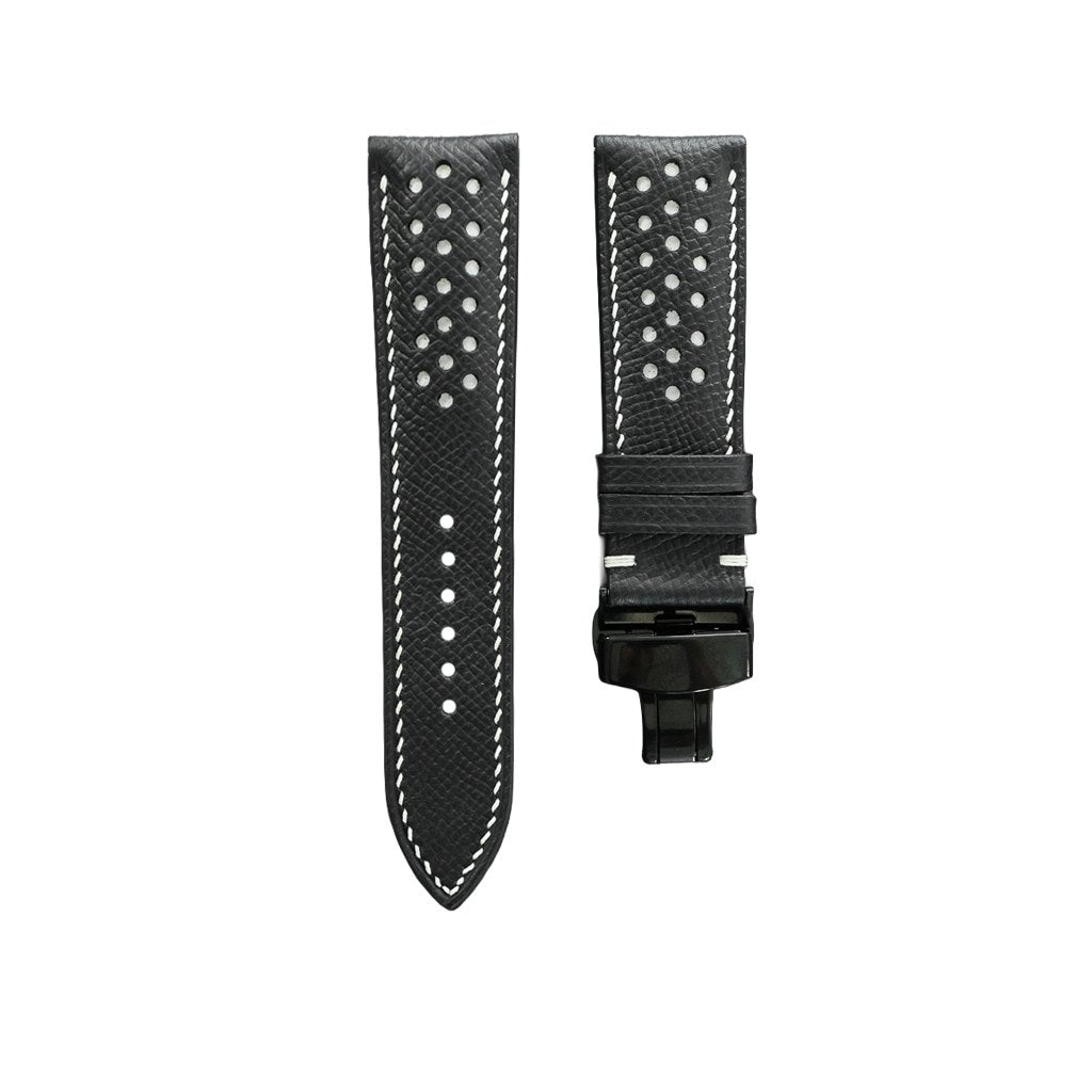 Black Epsom Leather Rally Watch Strap - Padded Racing Band with White Perforations & Stitching