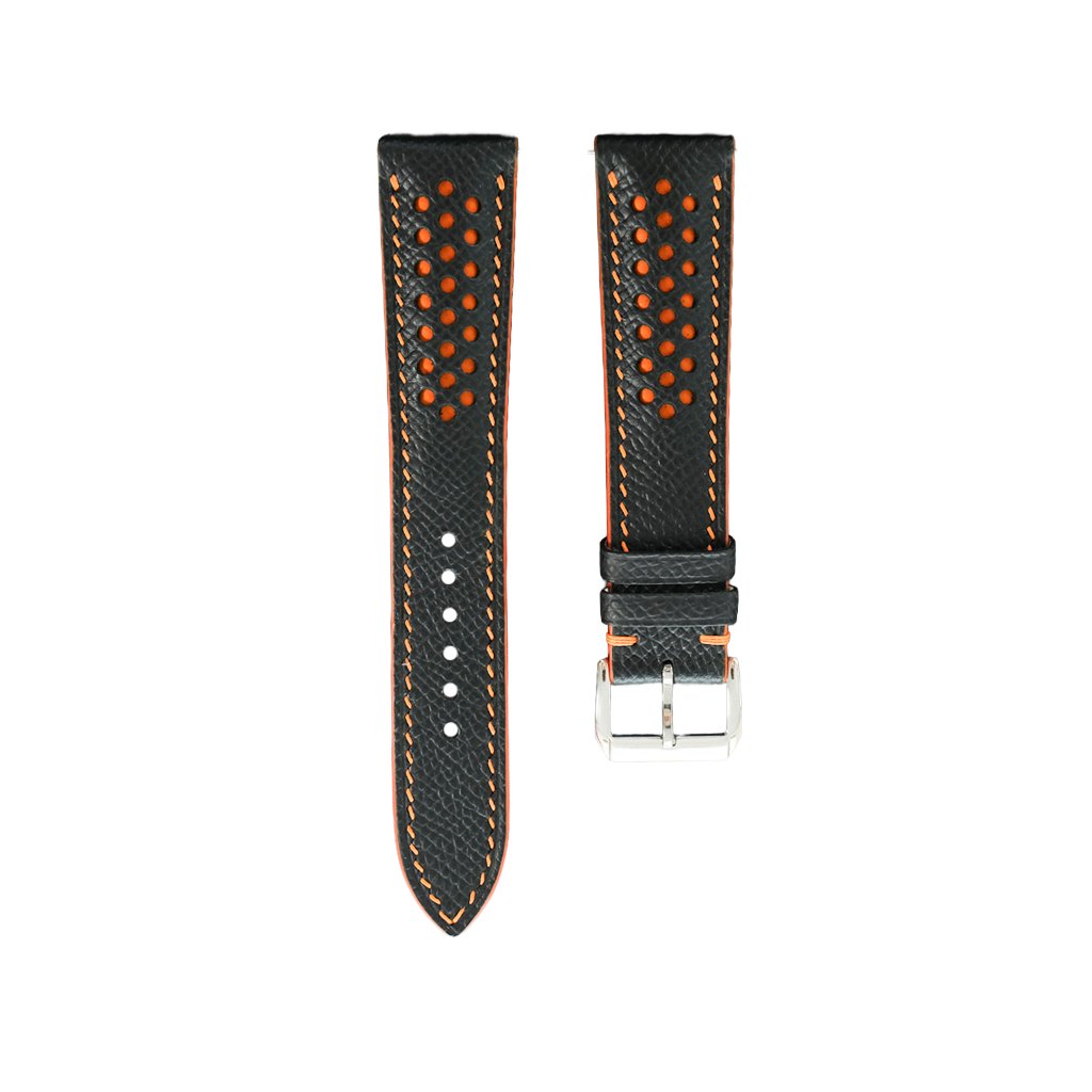 Padded Black Epsom Leather Rally Watch Strap - Orange Racing Holes & Stitch