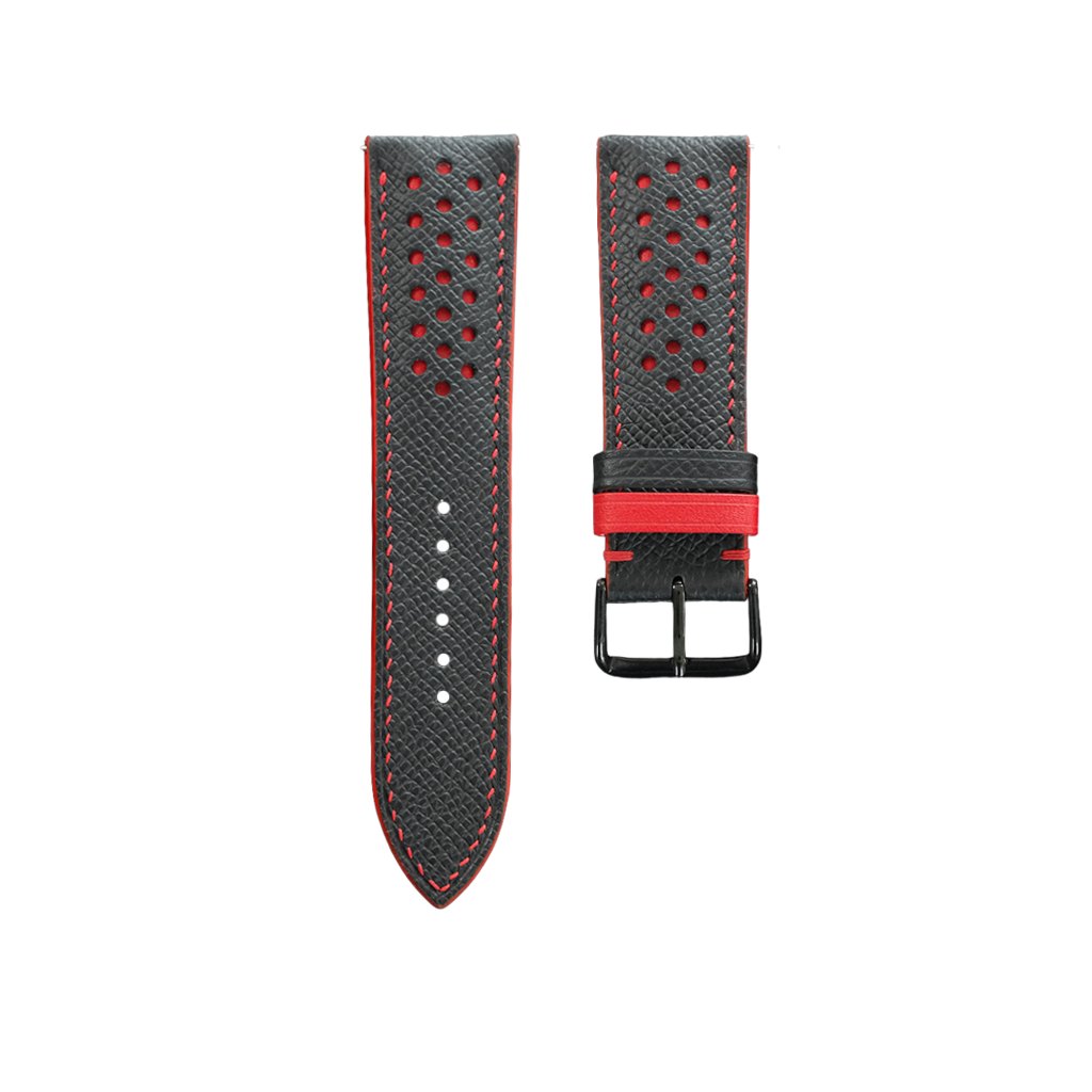 Padded Black Epsom Leather Rally Watch Strap - Red Racing Holes & Stitch