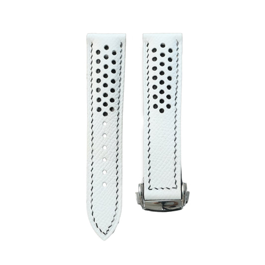 Flat White Epsom Leather Rally Watch Strap - Black Racing Holes & Stitch