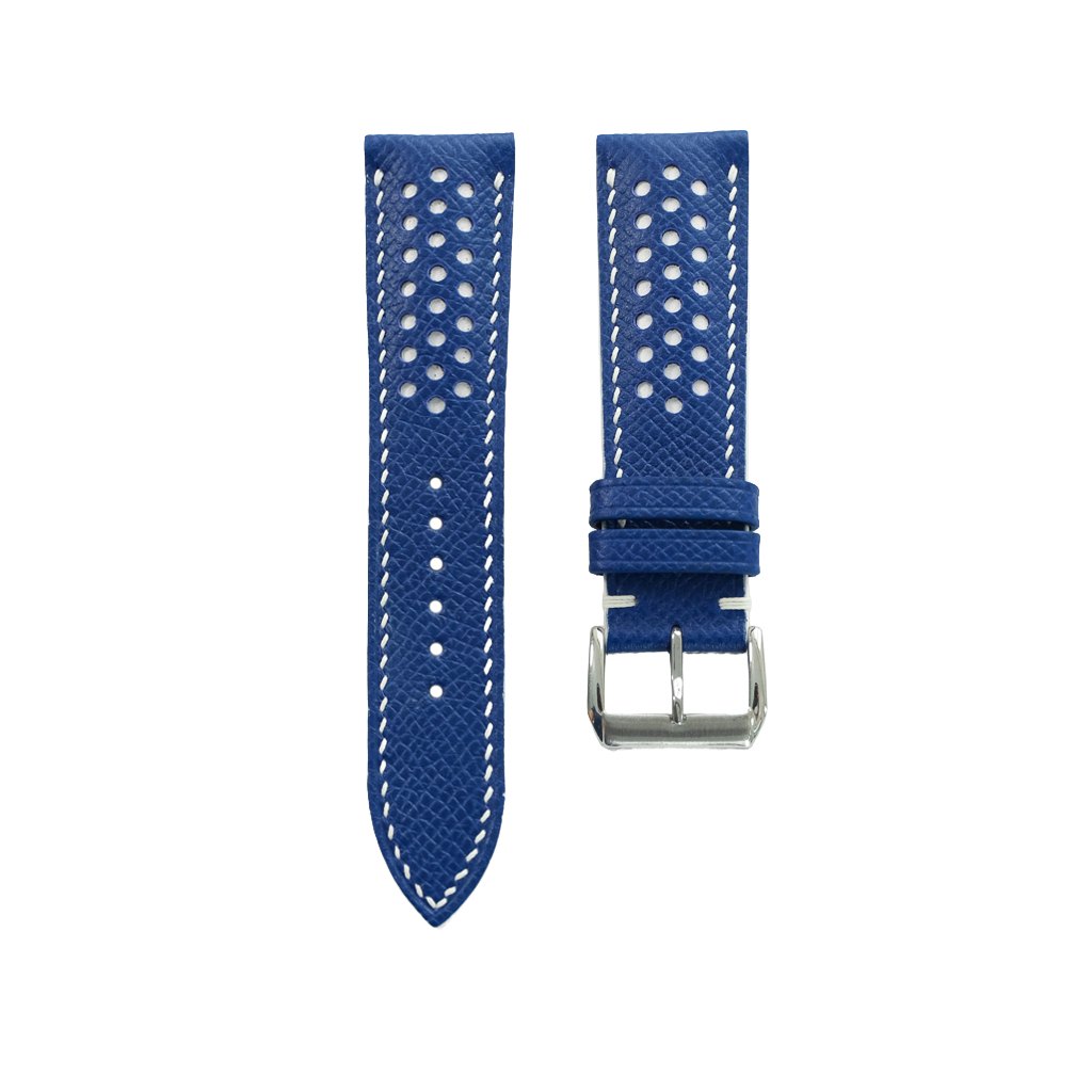 Padded Blue Epsom Leather Rally Watch Strap - White Racing Holes & Stitch